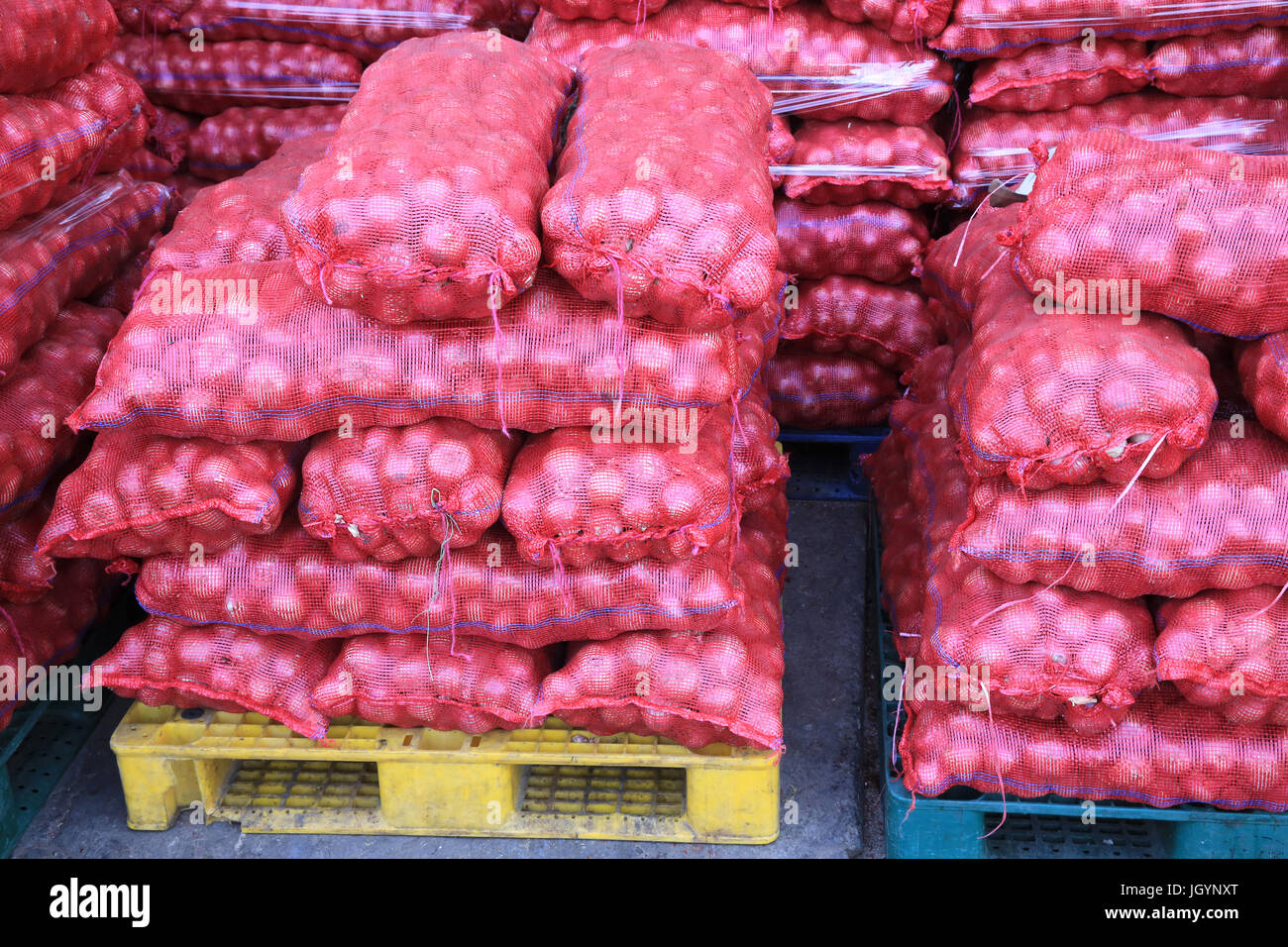 Les oignons. Marché couvert. Mina Marché de Fruits et légumes. Émirat d'Abu Dhabi. Banque D'Images