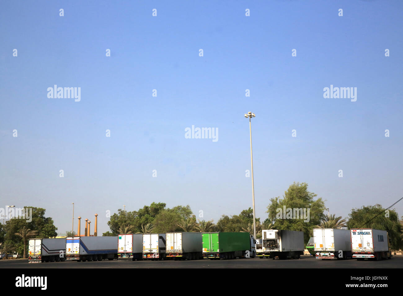 Les camions de fruits et légumes. Mina Marché de Fruits et légumes. Émirat d'Abu Dhabi. Banque D'Images