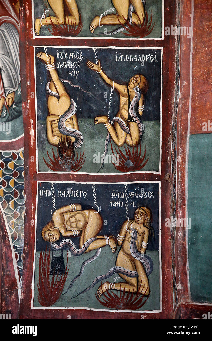 Église Panagia tis Asinou église byzantine. Fresque représentant l'enfer. Chypre. Banque D'Images