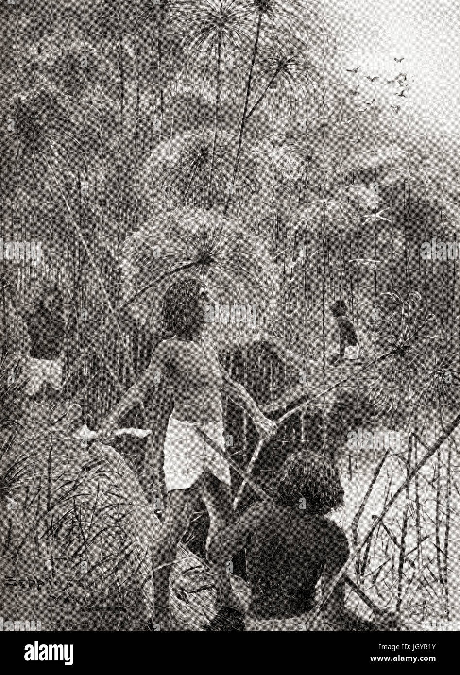 Anciens égyptiens de l'utilisation des bâtons pour tuer les oiseaux sauvages dans les marais du Nil. L'histoire de Hutchinson de l'ONU, publié en 1915. Banque D'Images
