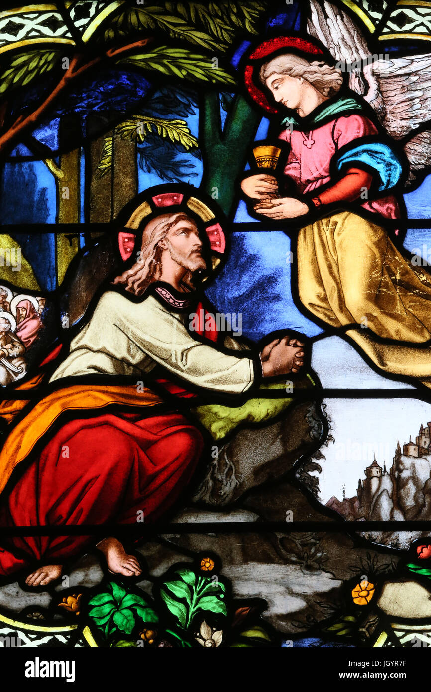 L'église St Paul. Vitrail. Gethsémani. Jésus prie, pendant ce temps, les disciples le repos. Lyon. La France. Banque D'Images