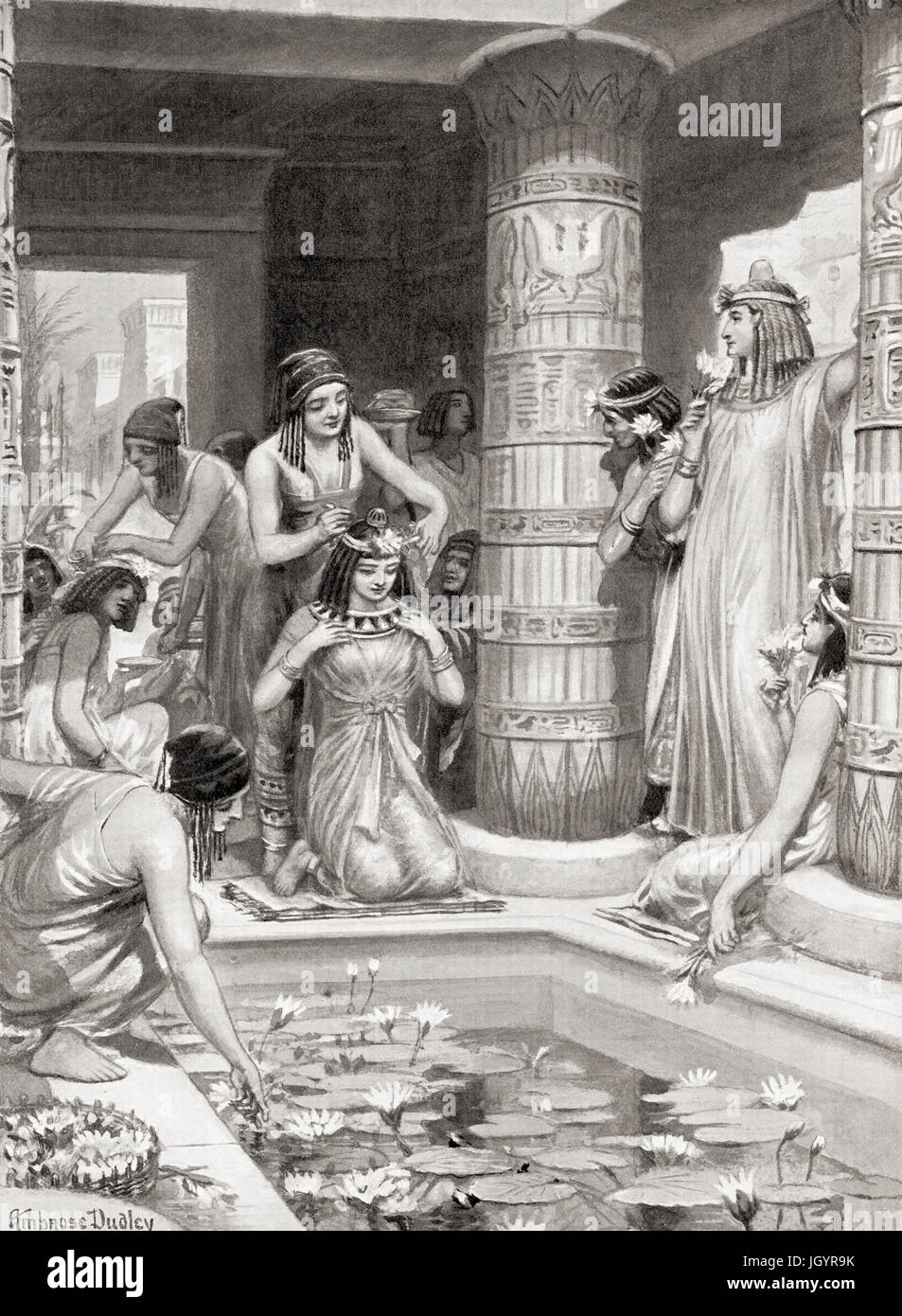 Les clients qui arrivent pour le dîner dans l'Egypte ancienne ont été donné de l'eau pour laver leurs pieds et mains, oint avec l'huile parfumée et couronné de guirlandes de fleurs. Après la peinture par Ambrose Dudley (1867-1951). L'histoire de Hutchinson de l'ONU, publié en 1915. Banque D'Images