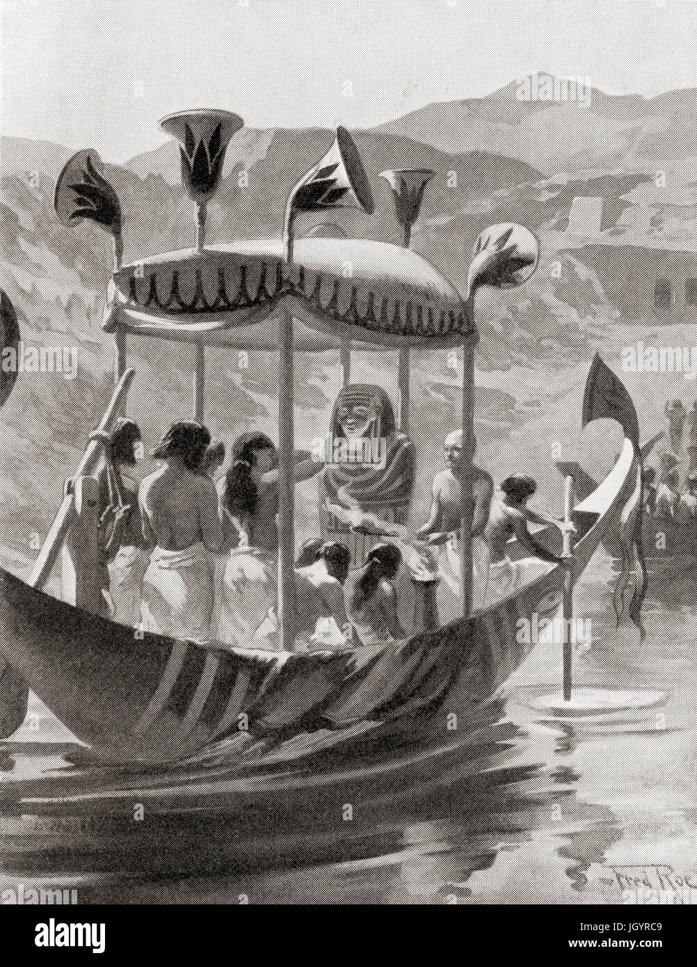 Une procession funéraire de l'Égypte ancienne passant sur le lac sacré. Précédé par bateaux transportant en deuil le sarcophage a été transporté à travers le lac sacré de la tombe où la momie a été mis avec ses possessions. L'histoire de Hutchinson de l'ONU, publié en 1915. Banque D'Images