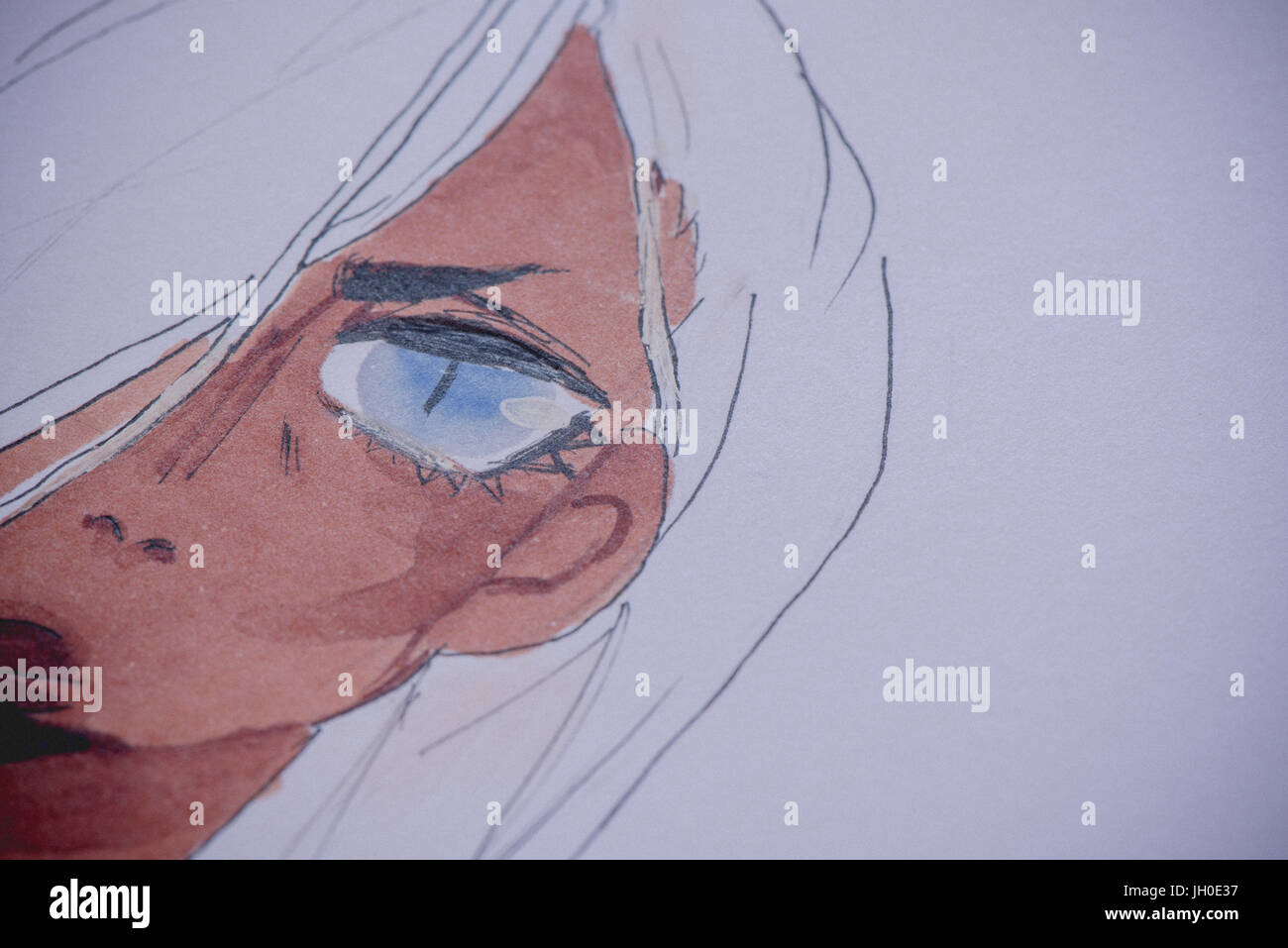 Close up of a hand drawn plumes image d'un personnage d'Anime Cartoon avec un grand oeil bleu Banque D'Images