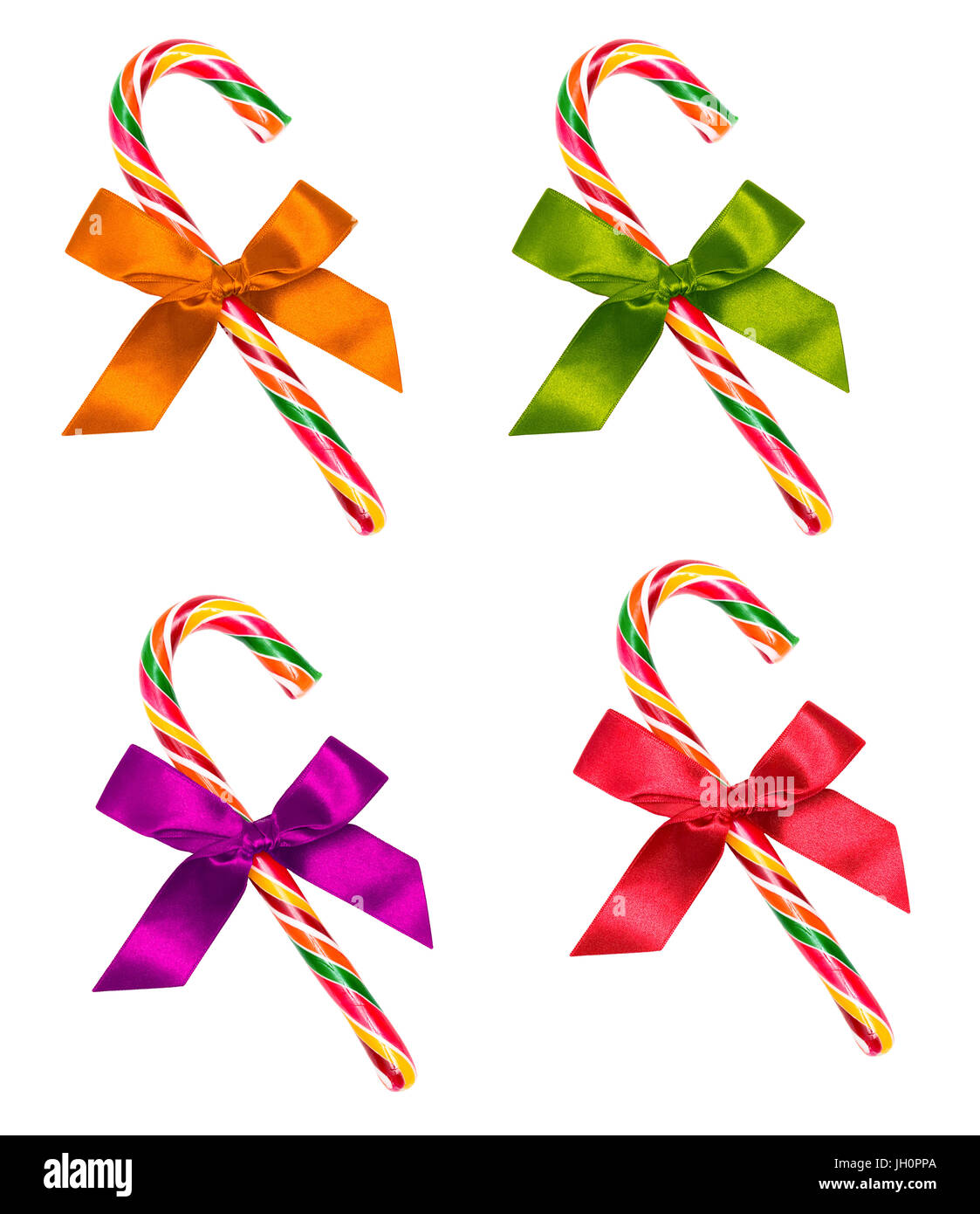 Ensemble de canne de Noël avec bow (rouge, orange, vert, violet), isolé sur blanc. Banque D'Images