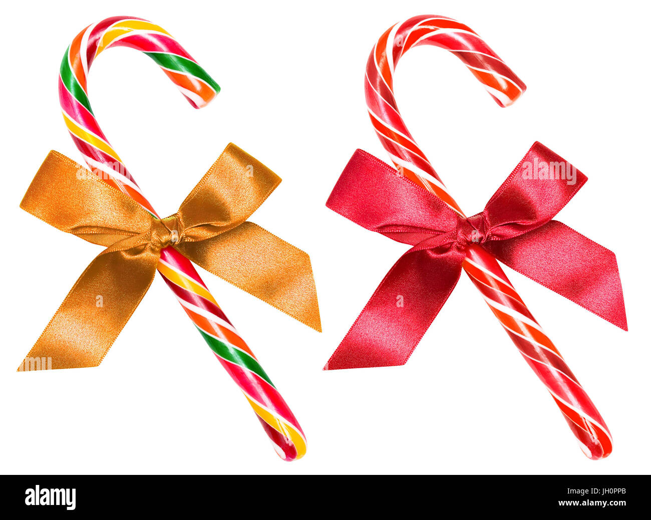 Canne de Noël à rayures (rouge et blanc) avec bow, isolé sur blanc, chemin de détourage Banque D'Images