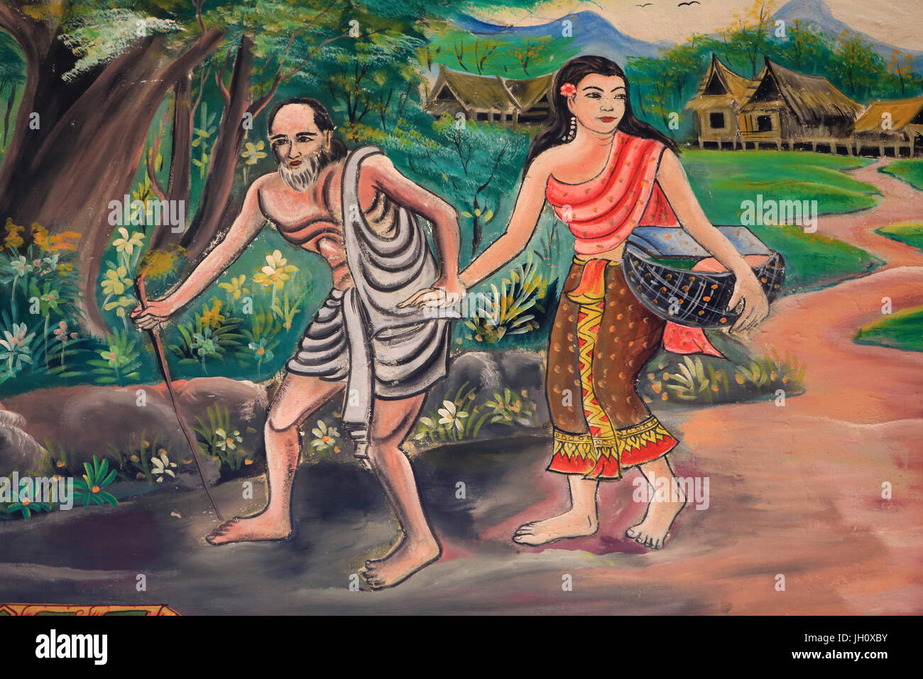 Le jour avant. Rencontre avec les villageois. Le chemin de l'illumination. Vie de Bouddha. Art plafond illustrant la vie de Bouddha. Wat Inpeng. Ventia Banque D'Images