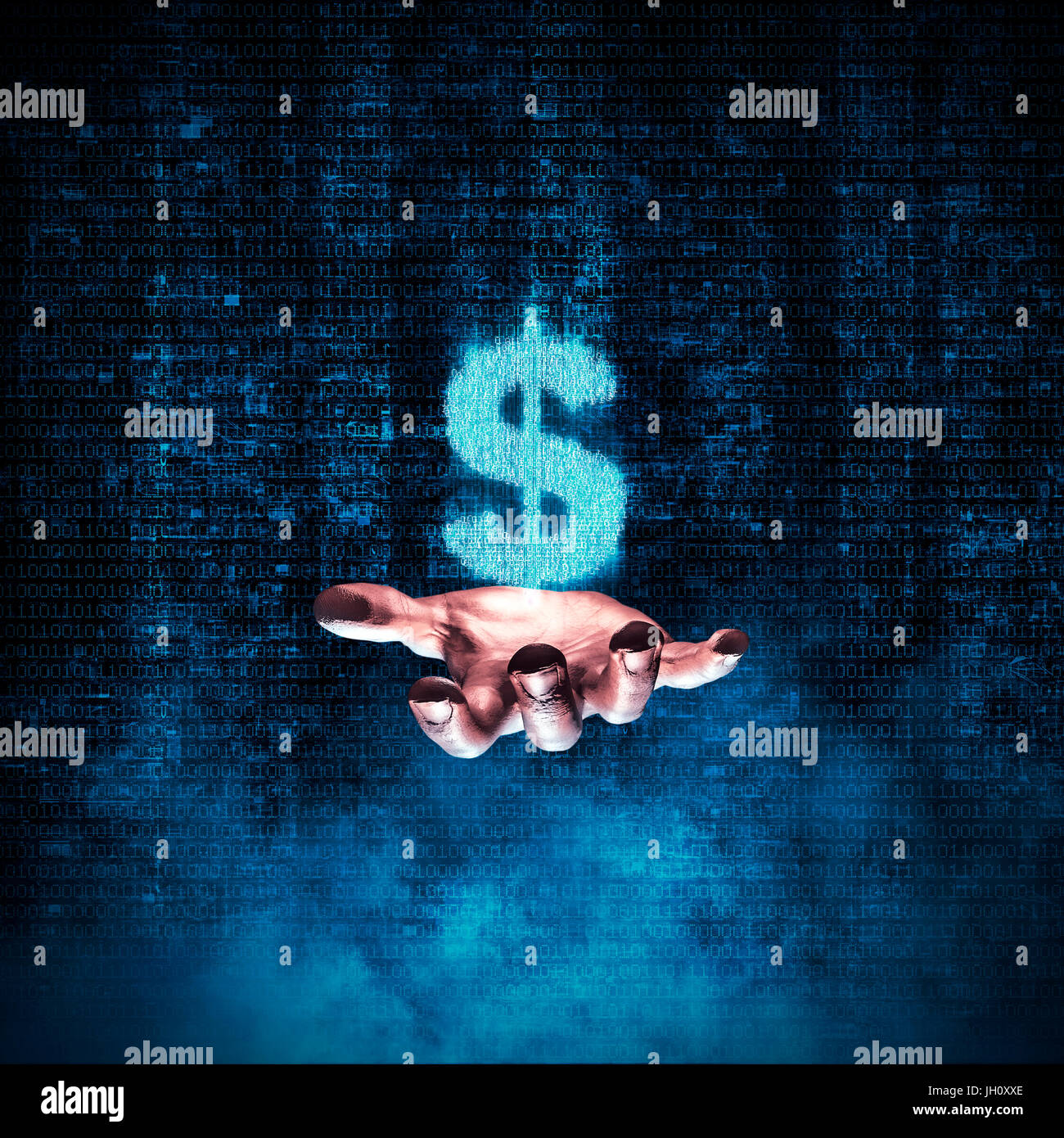 Par contre dollar binaire / 3D illustration du symbole dollar rougeoyant formé par des chiffres binaires flottant au-dessus de main ouverte Banque D'Images