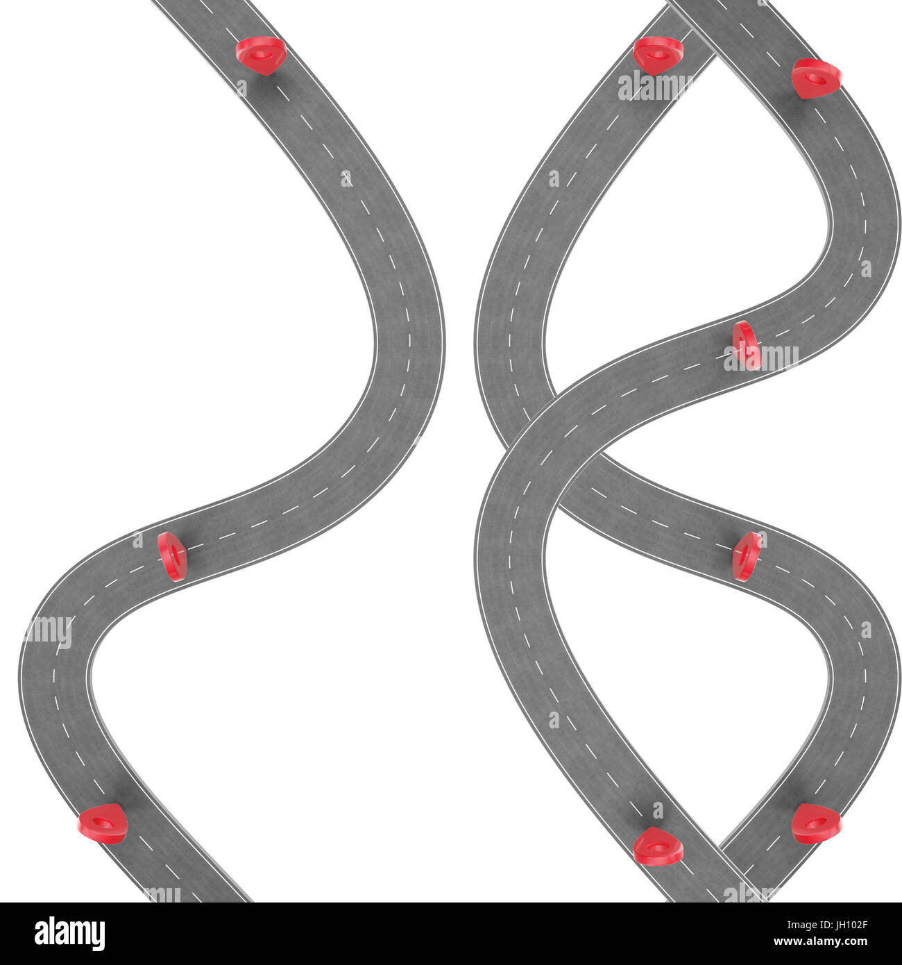 Road Trip et parcours. Route sinueuse sur fond blanc avec l'axe de ...