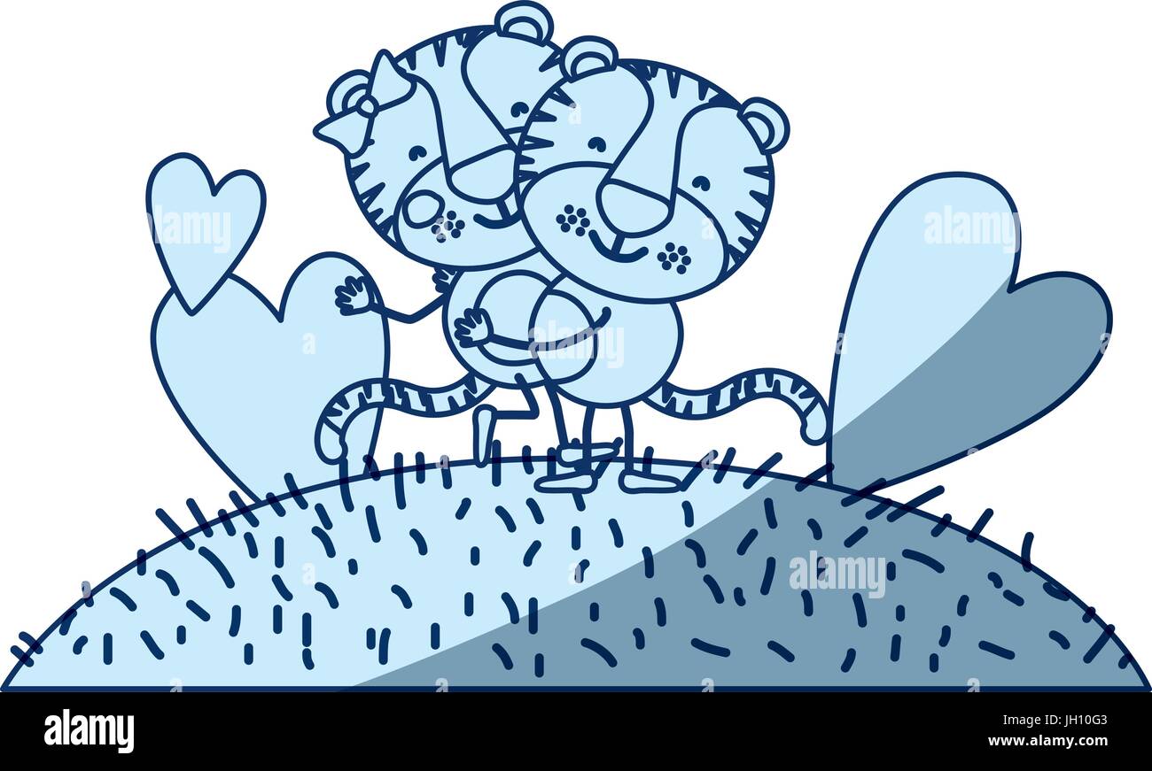 Couleur bleu ciel scène silhouette d'ombre et de l'herbe paysage avec deux tigres de caricature l'un portant l'autre Illustration de Vecteur