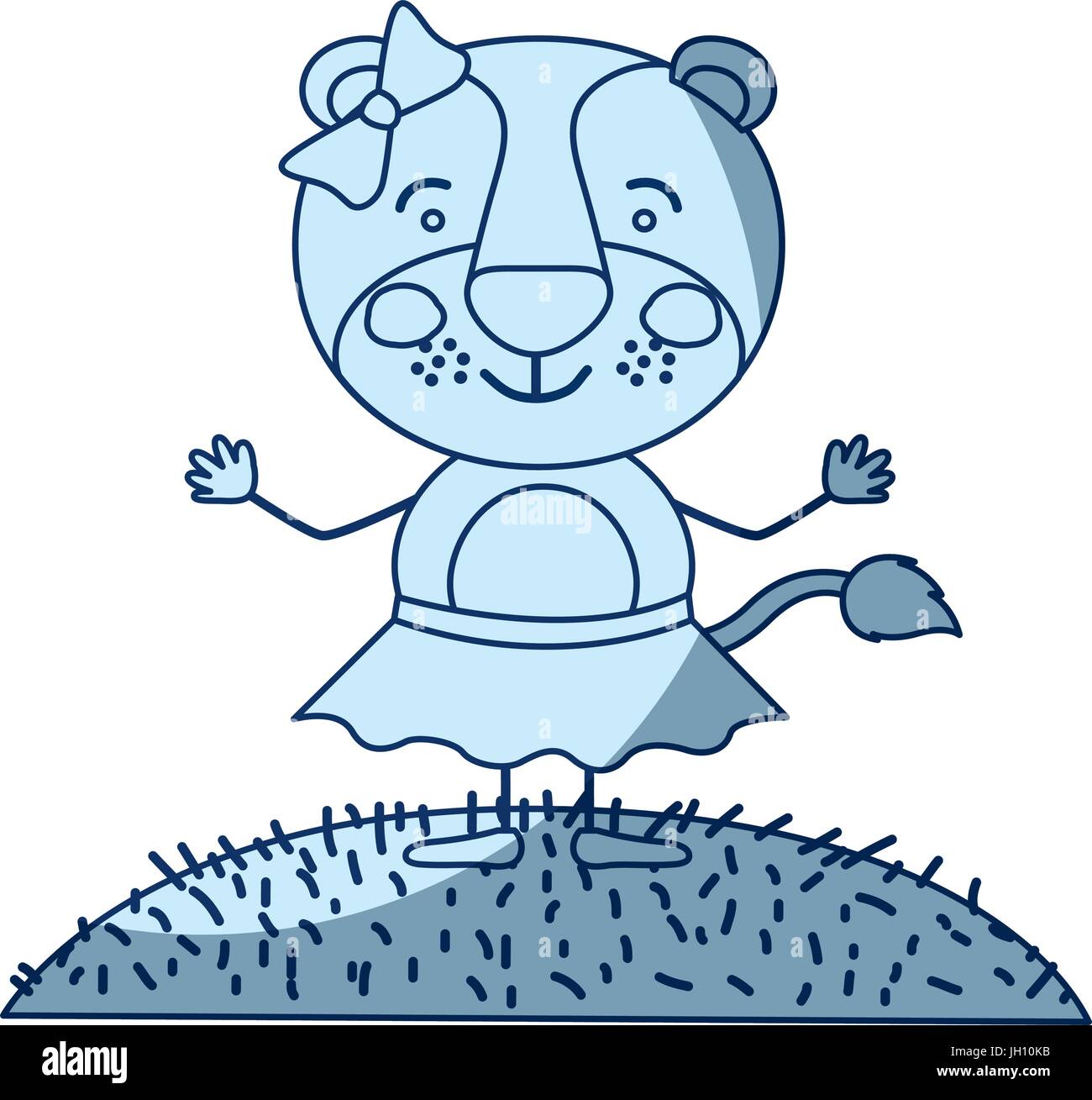 Couleur bleu ciel scène silhouette d'ombre et de l'herbe paysage caricature mignon expression lionne en jupe avec dentelle Illustration de Vecteur