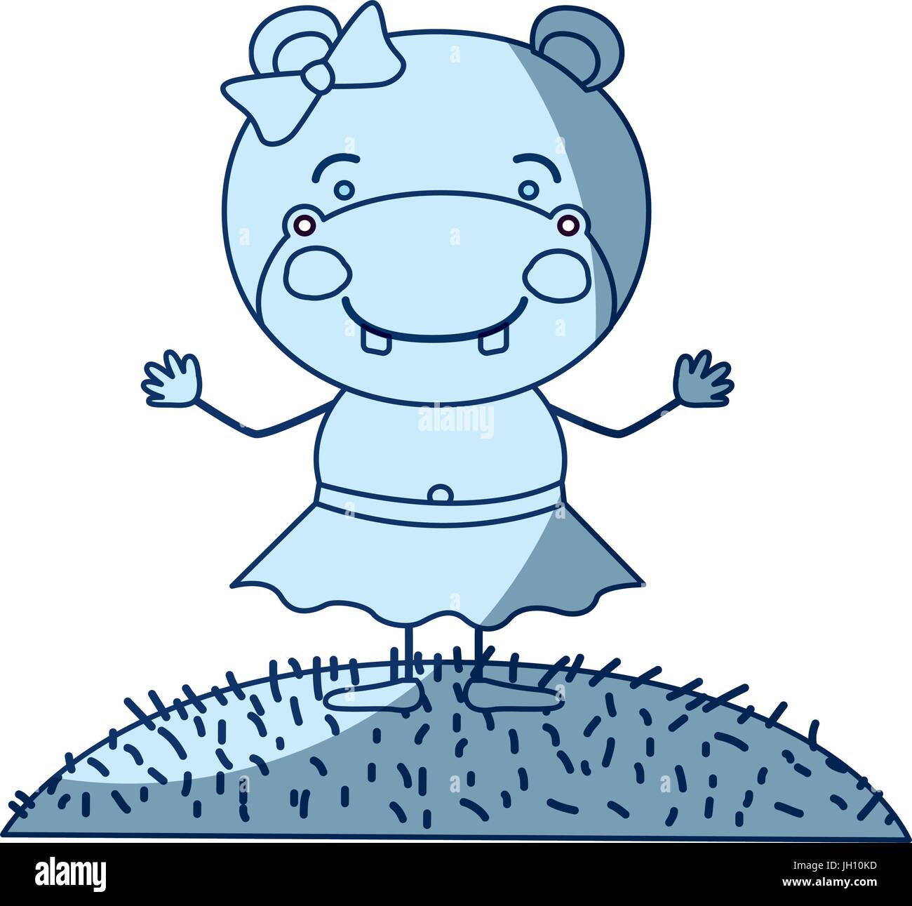 Dégradé de couleurs bleu ciel et paysage scène silhouette de l'herbe avec caricature mignon expression femme hippo en jupe avec dentelle Illustration de Vecteur