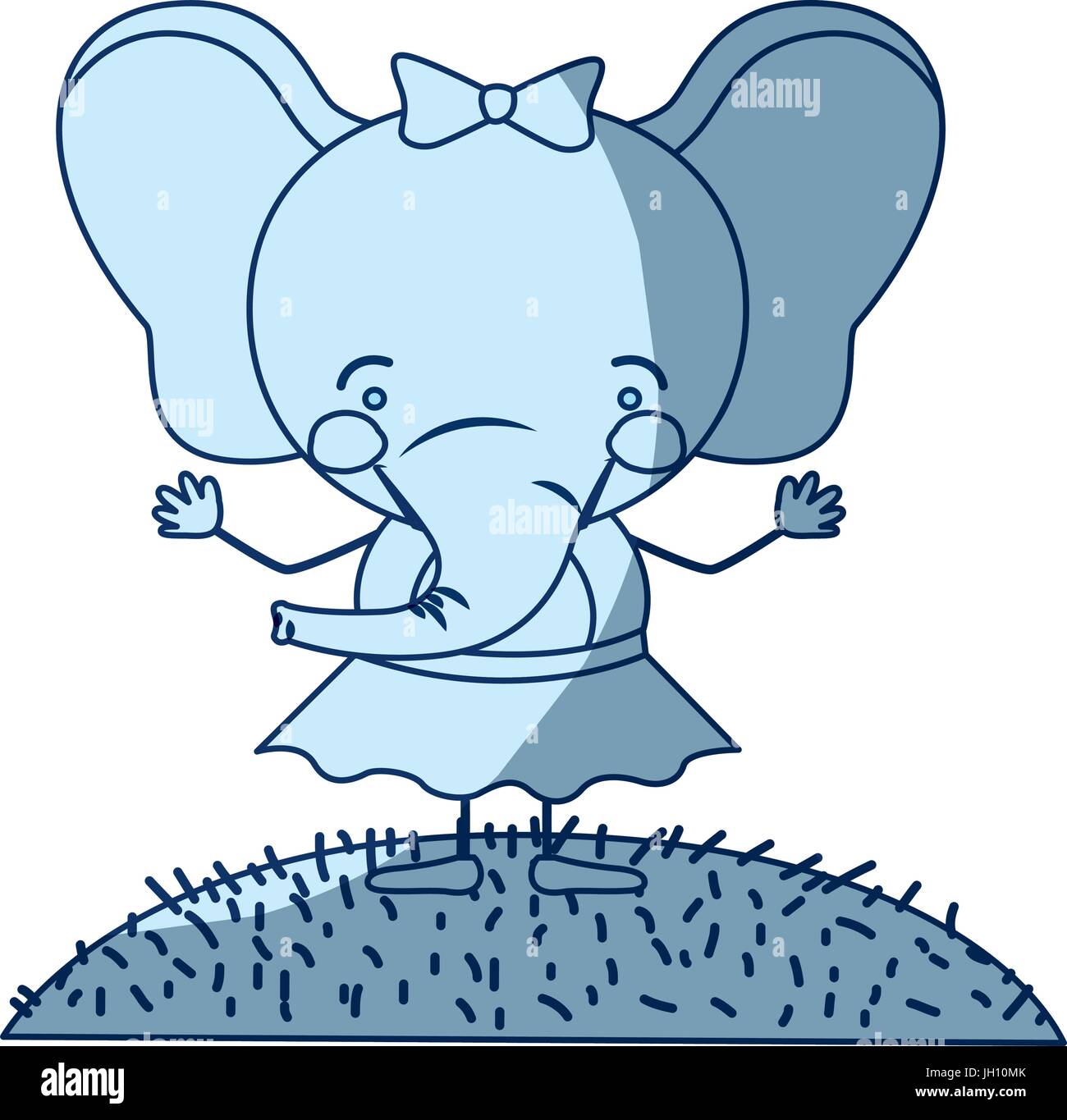 Dégradé de couleurs bleu ciel et paysage scène silhouette de l'herbe avec caricature mignon expression éléphant femelle en jupe avec dentelle Illustration de Vecteur