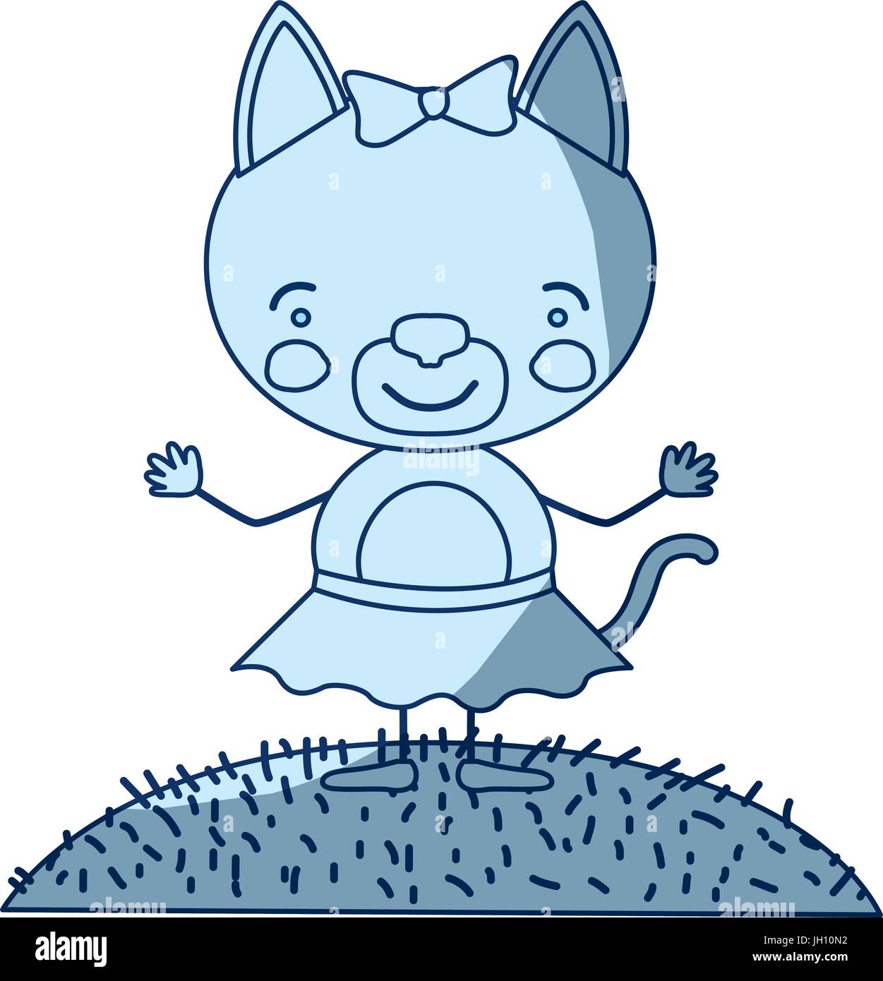 Dégradé de couleurs bleu ciel et paysage scène silhouette de l'herbe avec caricature mignon expression chat femelle en jupe avec dentelle Illustration de Vecteur