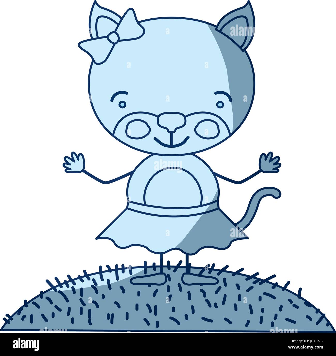 Dégradé de couleurs bleu ciel et paysage scène silhouette de l'herbe avec caricature expression mignon chaton femelle en jupe avec dentelle Illustration de Vecteur