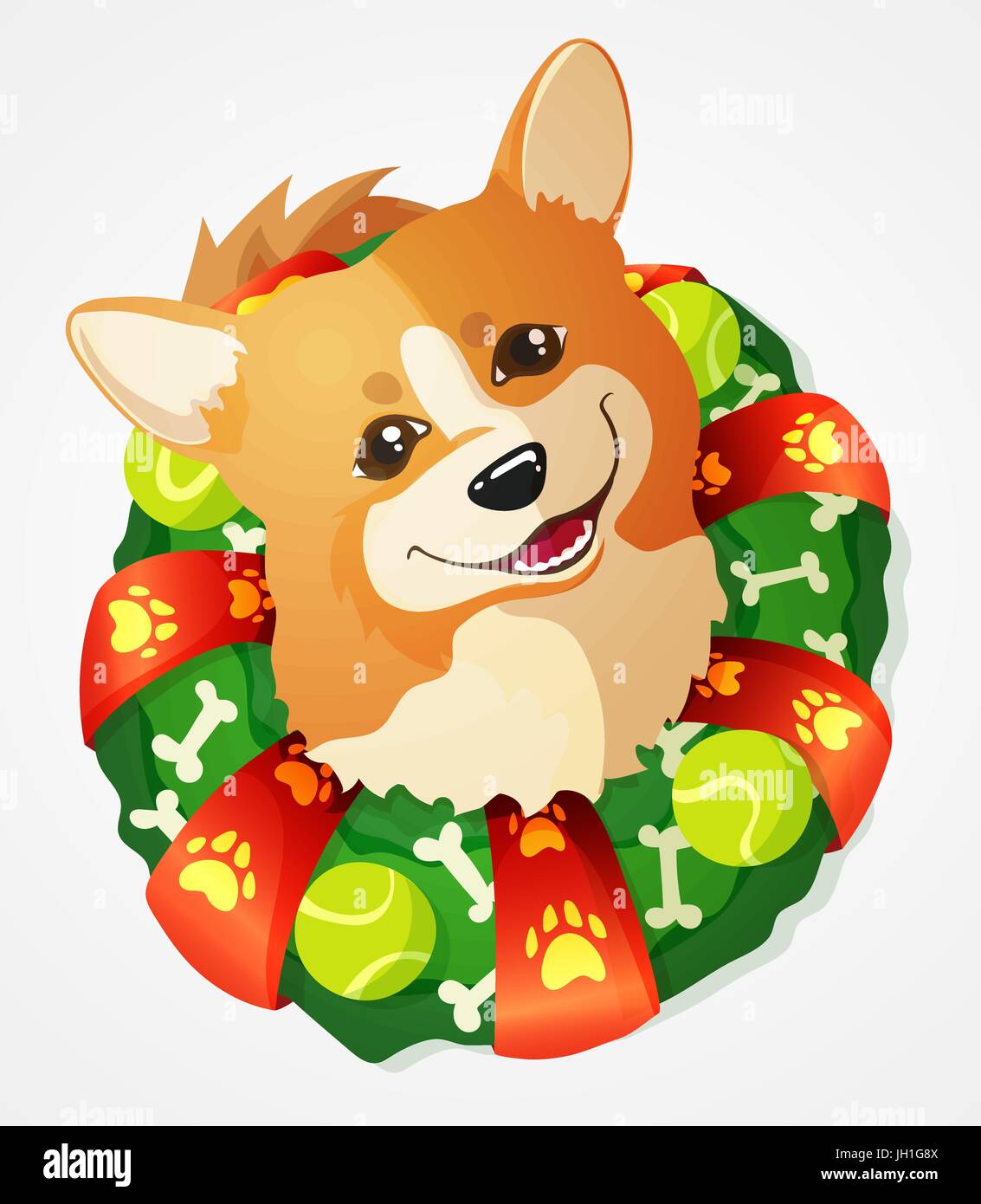 Mignon chien Welsh Corgi et couronne de Noël, cartoon vector illustration Illustration de Vecteur