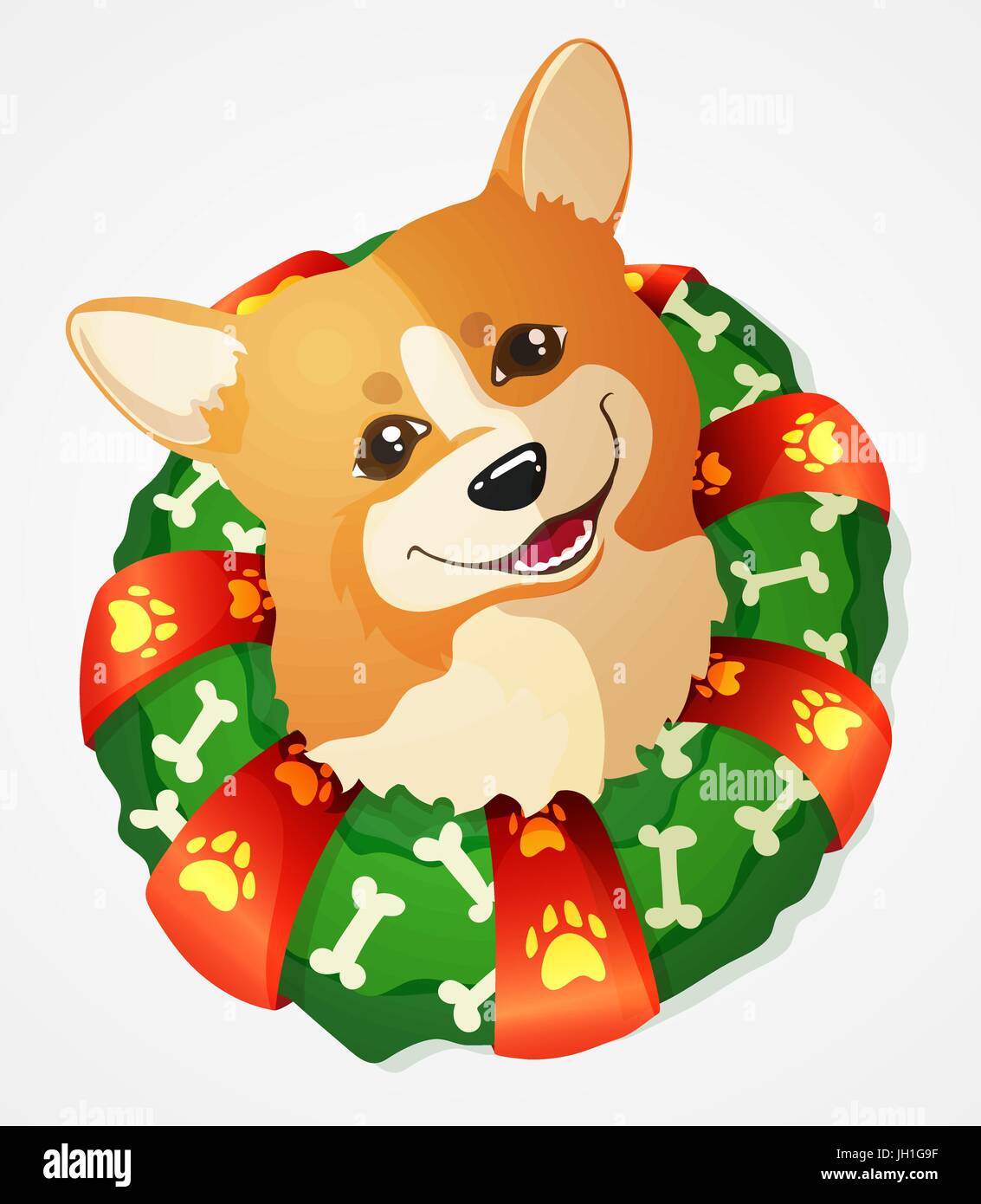 Mignon chien Welsh Corgi et couronne de Noël avec du ruban et des os, hand drawn vector illustration Illustration de Vecteur