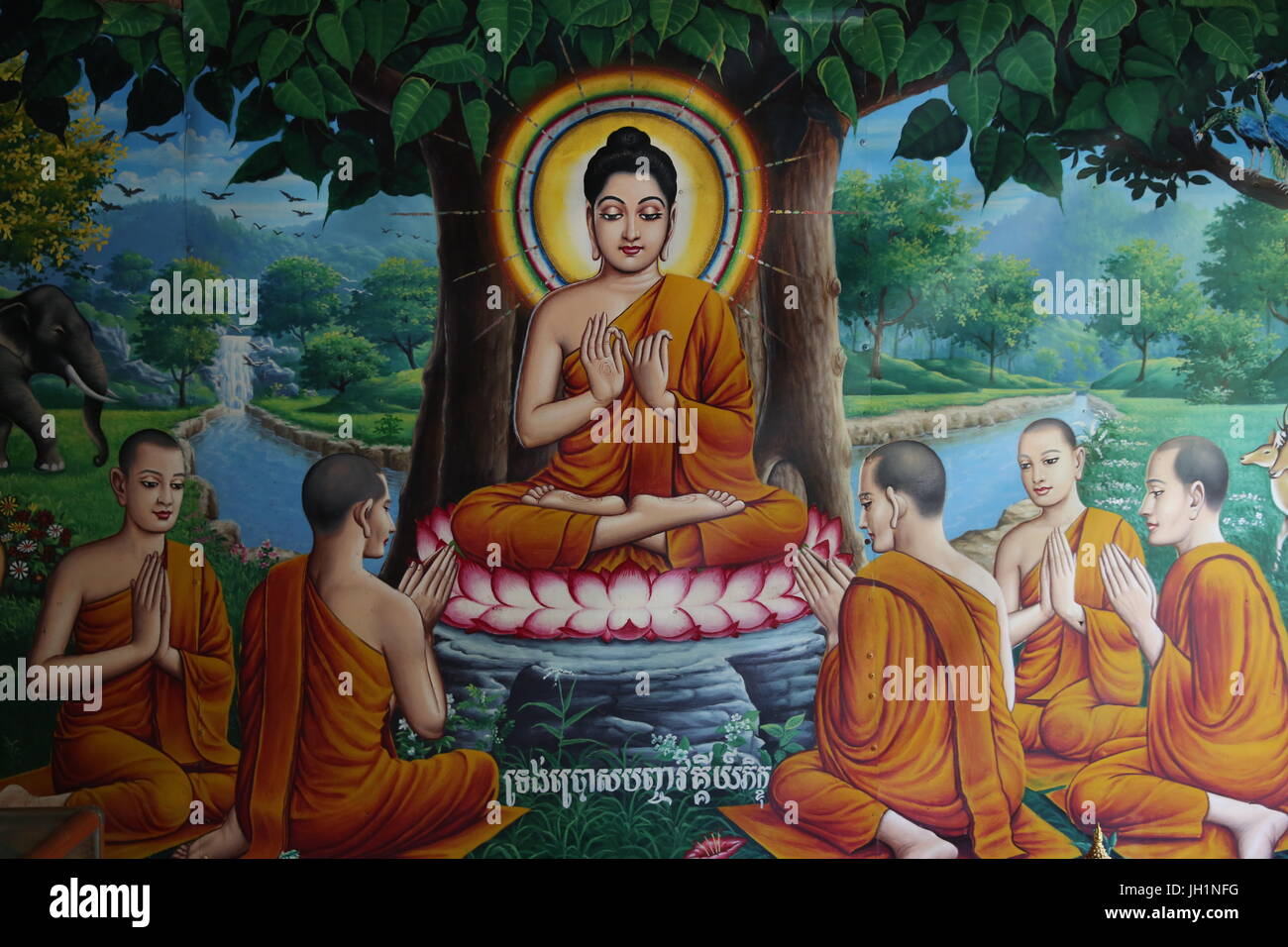 Temple fresque représentant Bouddha avec ses disciples. Le Cambodge. Banque D'Images Temple fresque représentant Bouddha avec ses disciples. Le Cambodge. Banque D'Images