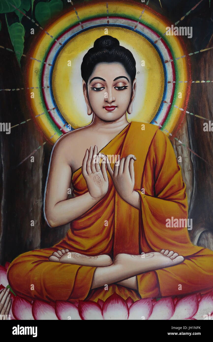 Temple peinture représentant Bouddha assis sur une fleur de lotus. Le Cambodge. Banque D'Images