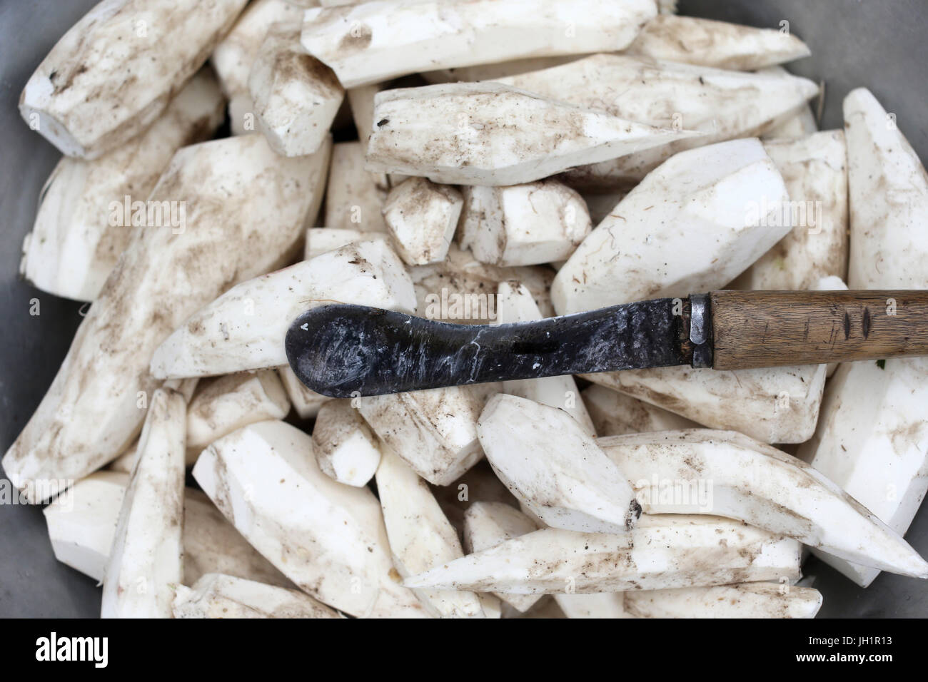 Marché Africain. Les racines de manioc (igname). Le Togo. Banque D'Images