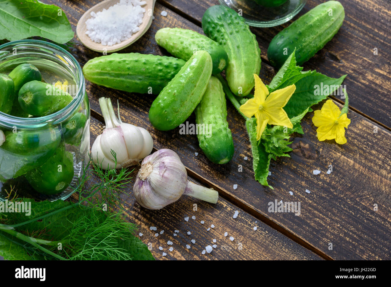 Le concept d'ingrédients des conserves maison - pots de concombres sur une table en bois à côté de la masse vert cru concombres, aneth, sel de mer, ga Banque D'Images