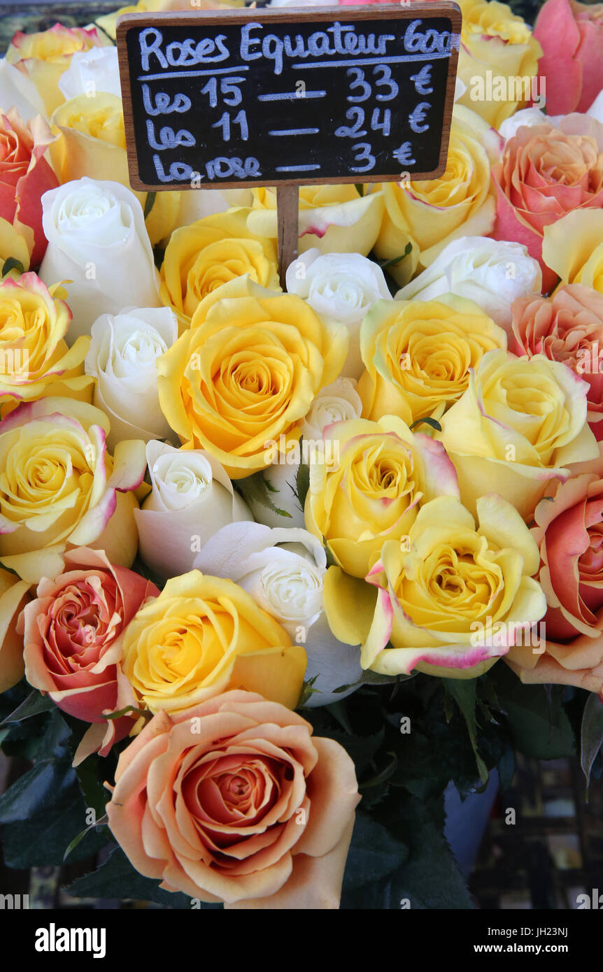 Bouquets de roses à vendre à un fleuriste. La France. Banque D'Images