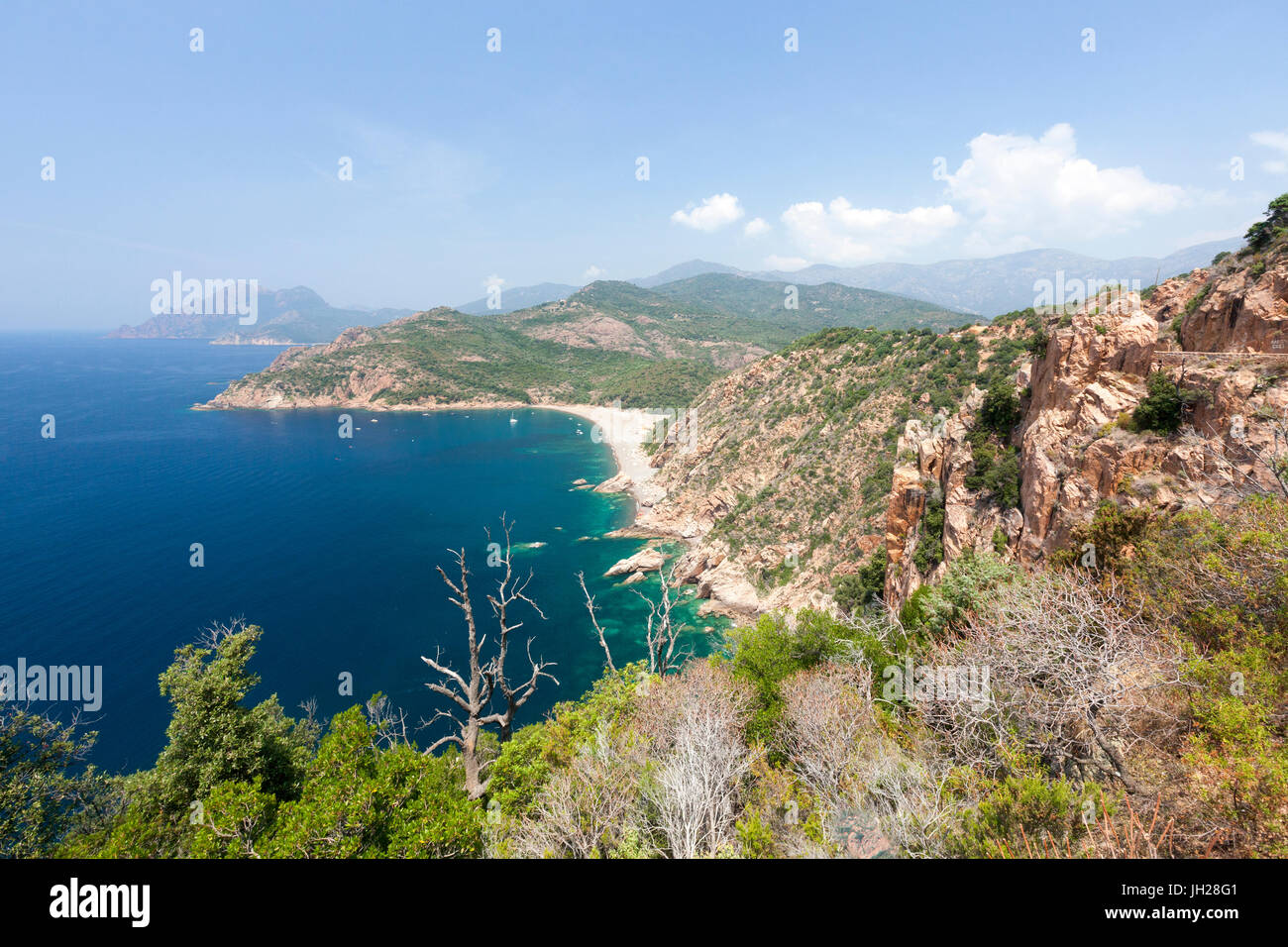 Vue de dessus de la mer turquoise et la plage de sable fin entouré par de la végétation verte sur le promontoire, Porto, la Corse du Sud, France Banque D'Images