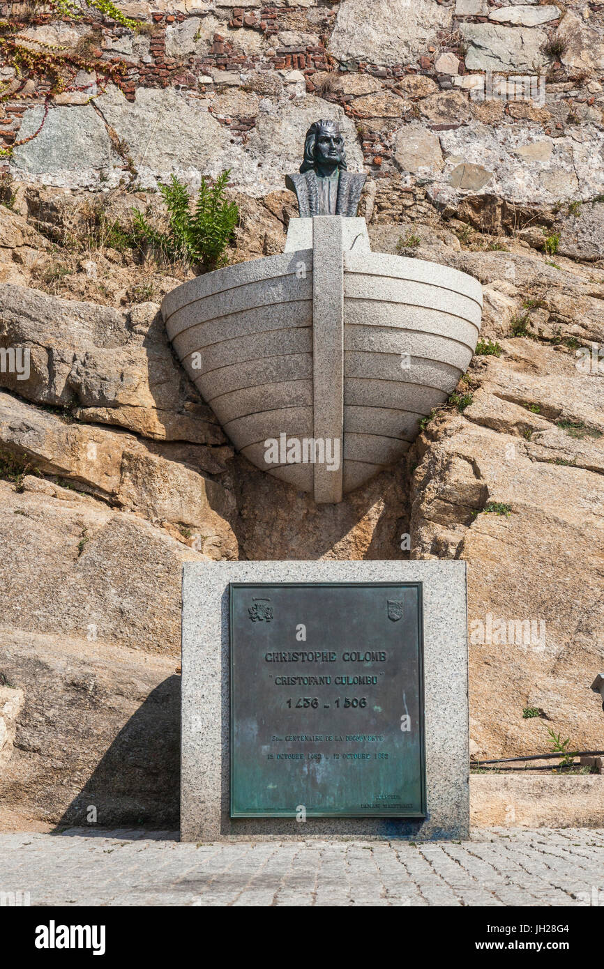 Le mémorial monument de Christophe Colomb, Calvi, Balagne, au nord-ouest de la Corse, France, Europe Banque D'Images