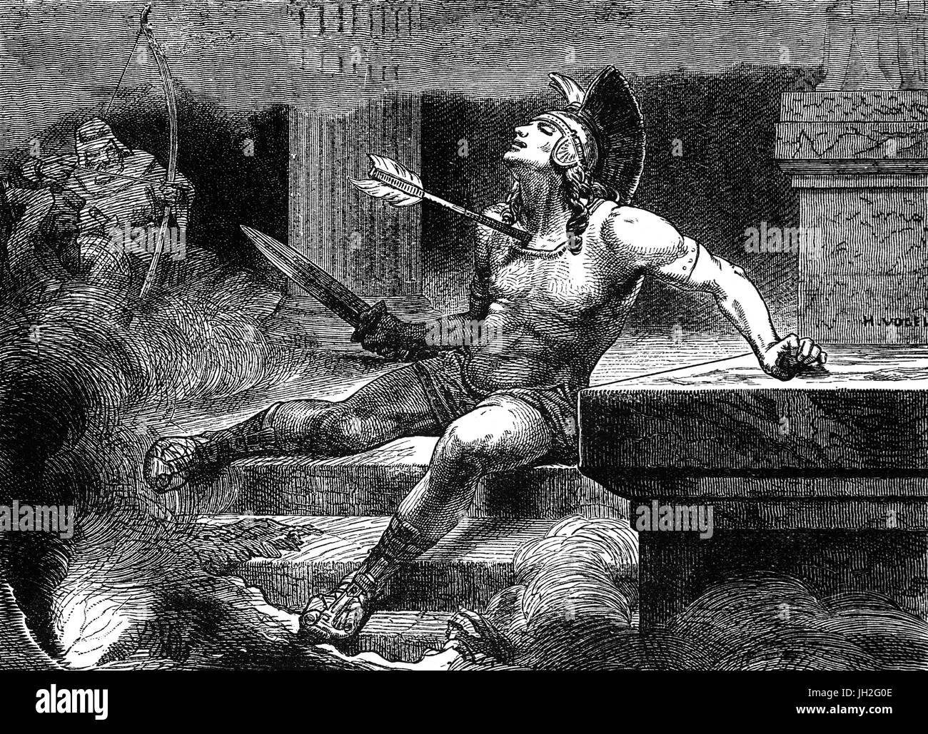 Alcibiade, était un éminent homme d'État athénien, orateur, et général. Après la bataille d'Aegospotami, la dernière grande bataille de la guerre du Péloponnèse, qui a eu lieu en 405 avant JC. Alcibiade se réfugie en Phrygie, avec l'objet d'obtenir l'aide d'Artaxerxès contre Sparte. En 404 avant J.-C., alors qu'il était sur le point de partir pour la Cour de Perse, sa résidence était entouré et mis le feu. Ne voyant aucune chance de s'échapper, il se précipita sur son assassins, dague à la main, et a été tué par une pluie de flèches. Banque D'Images