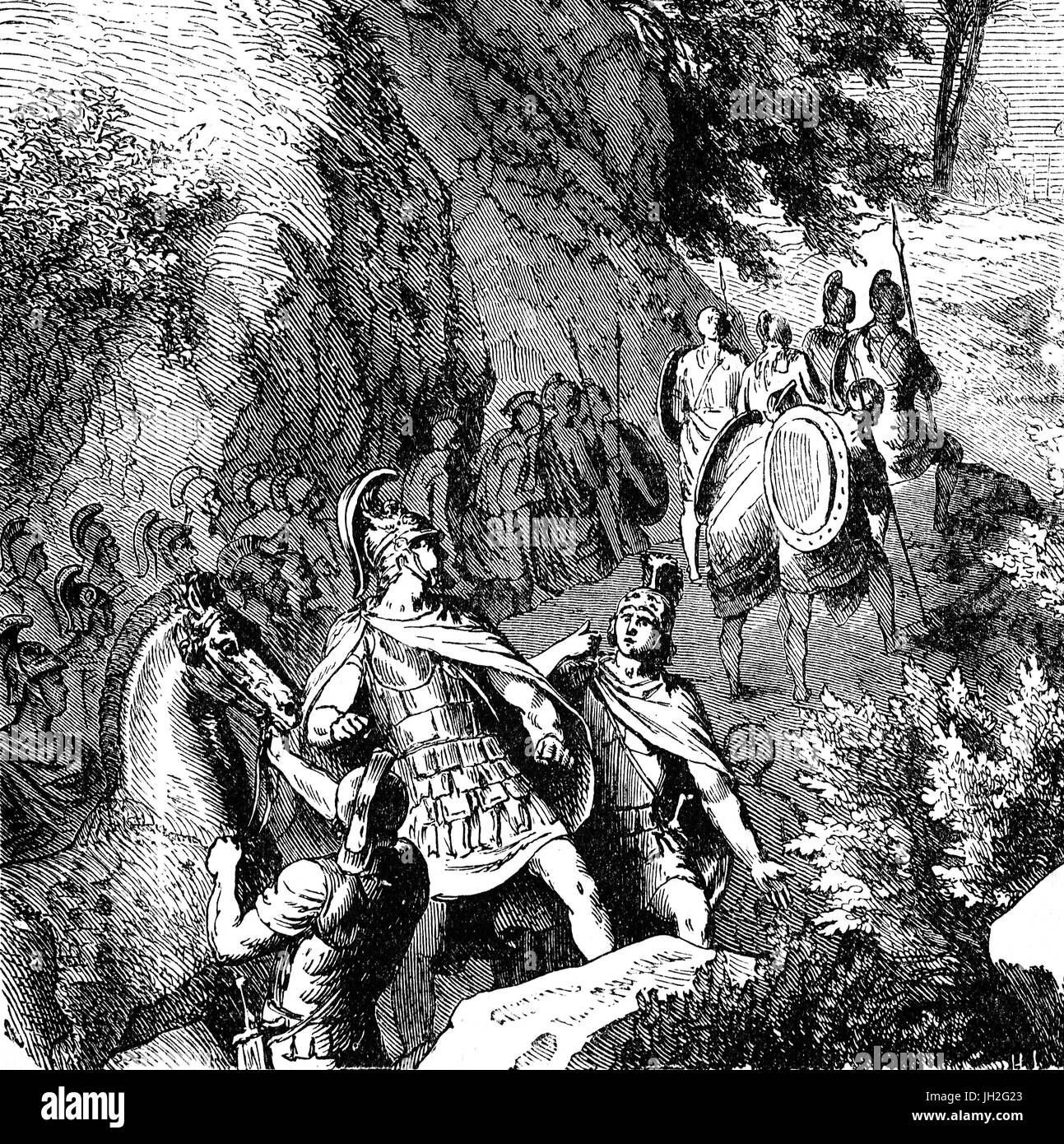 L'armée spartiate traversant montagnes pendant les guerres du Péloponnèse à la fin du Ve siècle. Banque D'Images