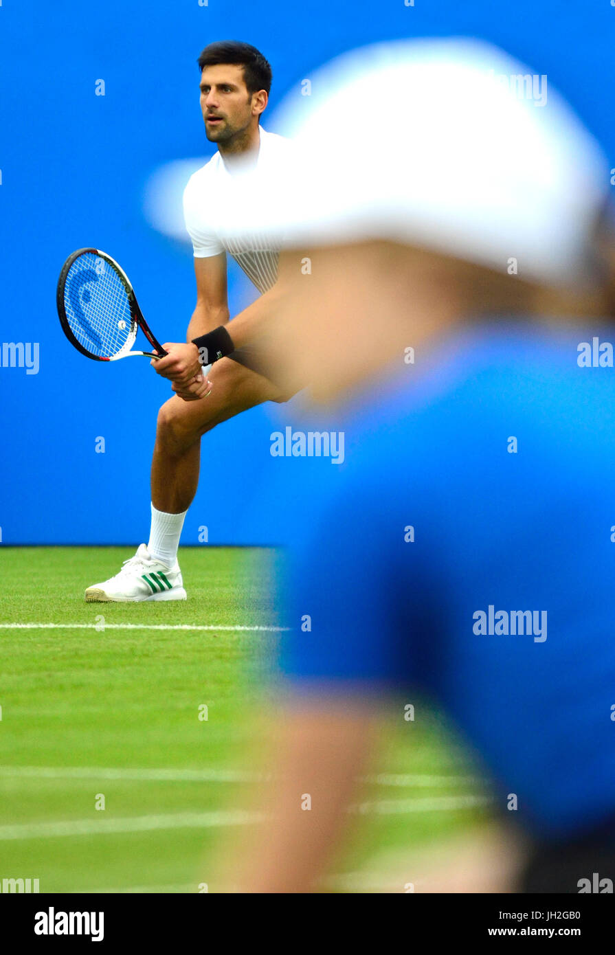 Novak Djokovic (Serbie) derrière une boule fille sur le court central à Devonshire Park, Eastbourne, au cours de l'Aegon tournoi international, 28 juin 2017 Banque D'Images