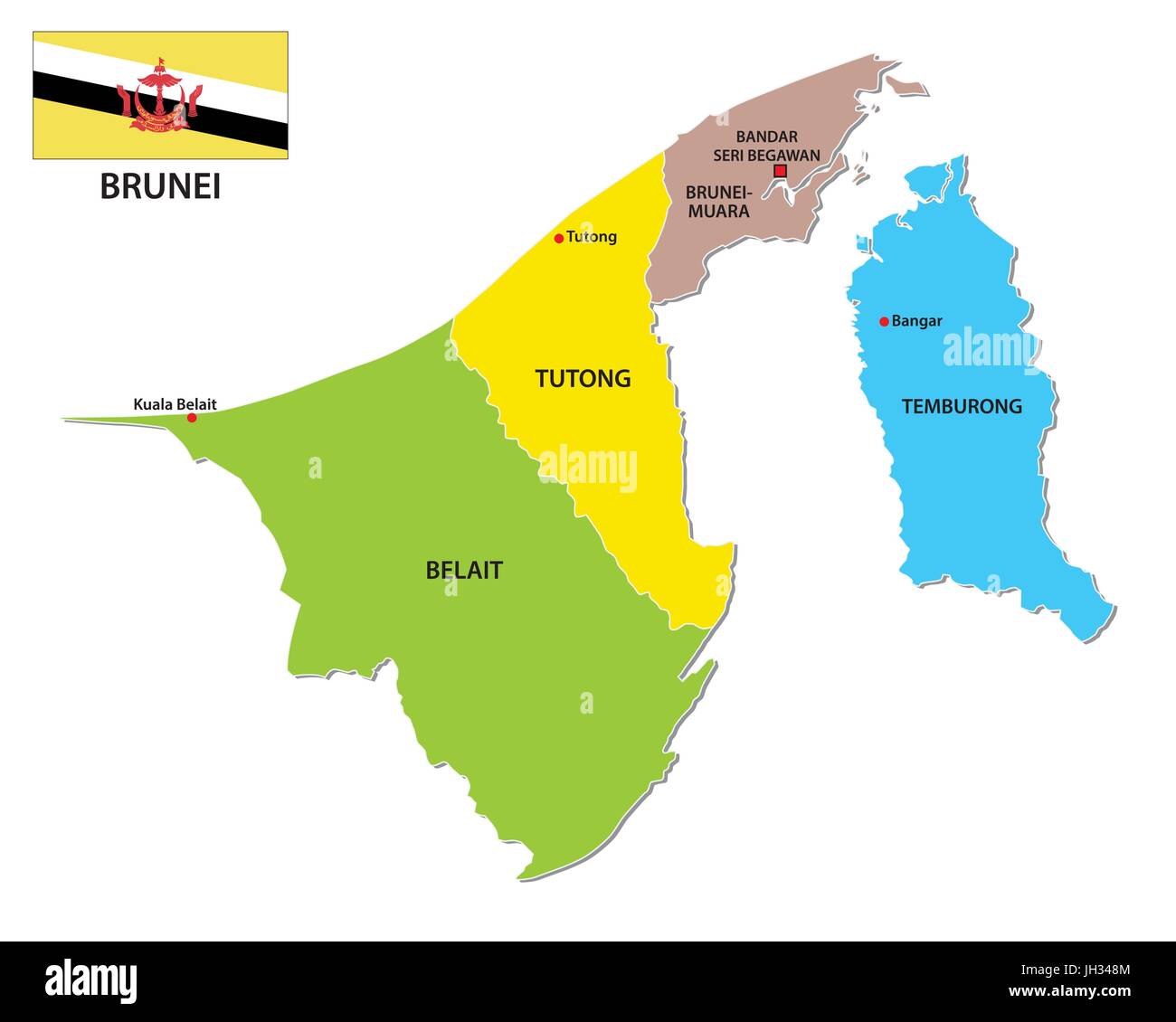 Nation de Brunei carte politique et administrative avec le drapeau Illustration de Vecteur Nation de Brunei carte politique et administrative avec le drapeau Illustration de Vecteur