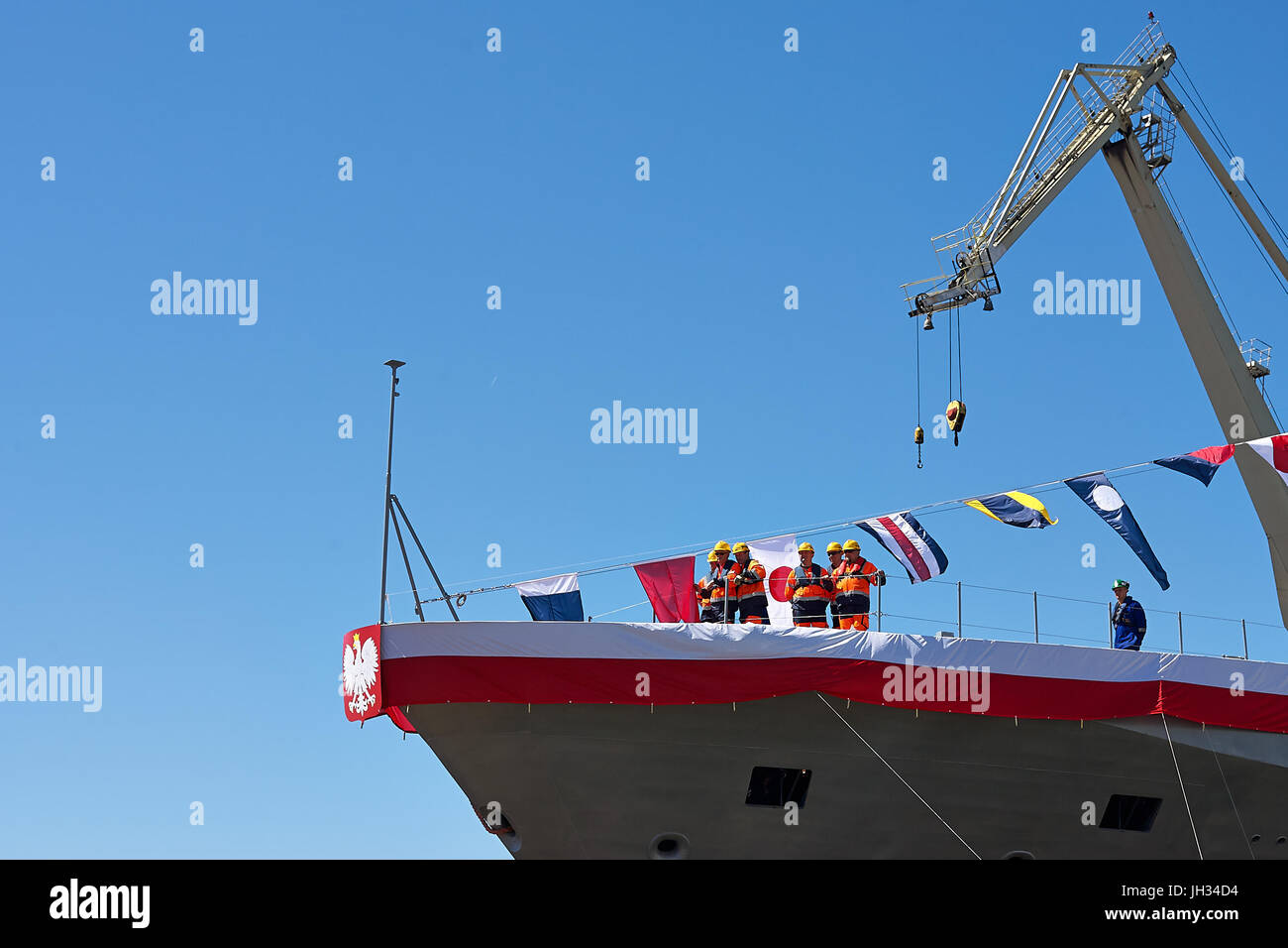 Lancement d'ORP Slazak dans Naval Shipyard Gdynia. Nouveau bateau de patrouille de la marine polonaise dispose de 95 mètres de long, 13 mètres de large, et, finalement, 97 membres d'équipage. C Banque D'Images