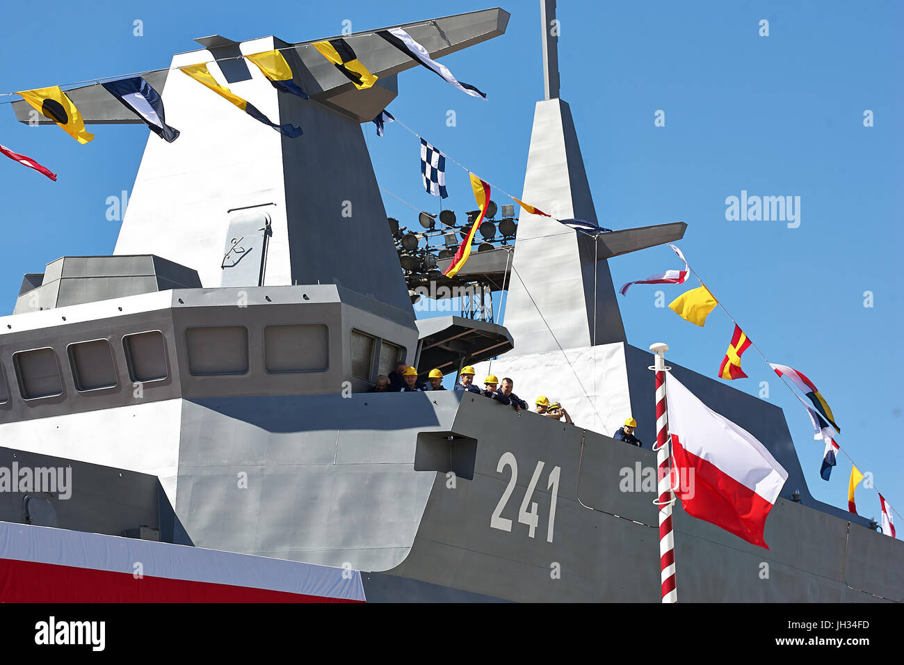 Lancement d'ORP Slazak dans Naval Shipyard Gdynia. Nouveau bateau de patrouille de la marine polonaise dispose de 95 mètres de long, 13 mètres de large, et, finalement, 97 membres d'équipage. C Banque D'Images