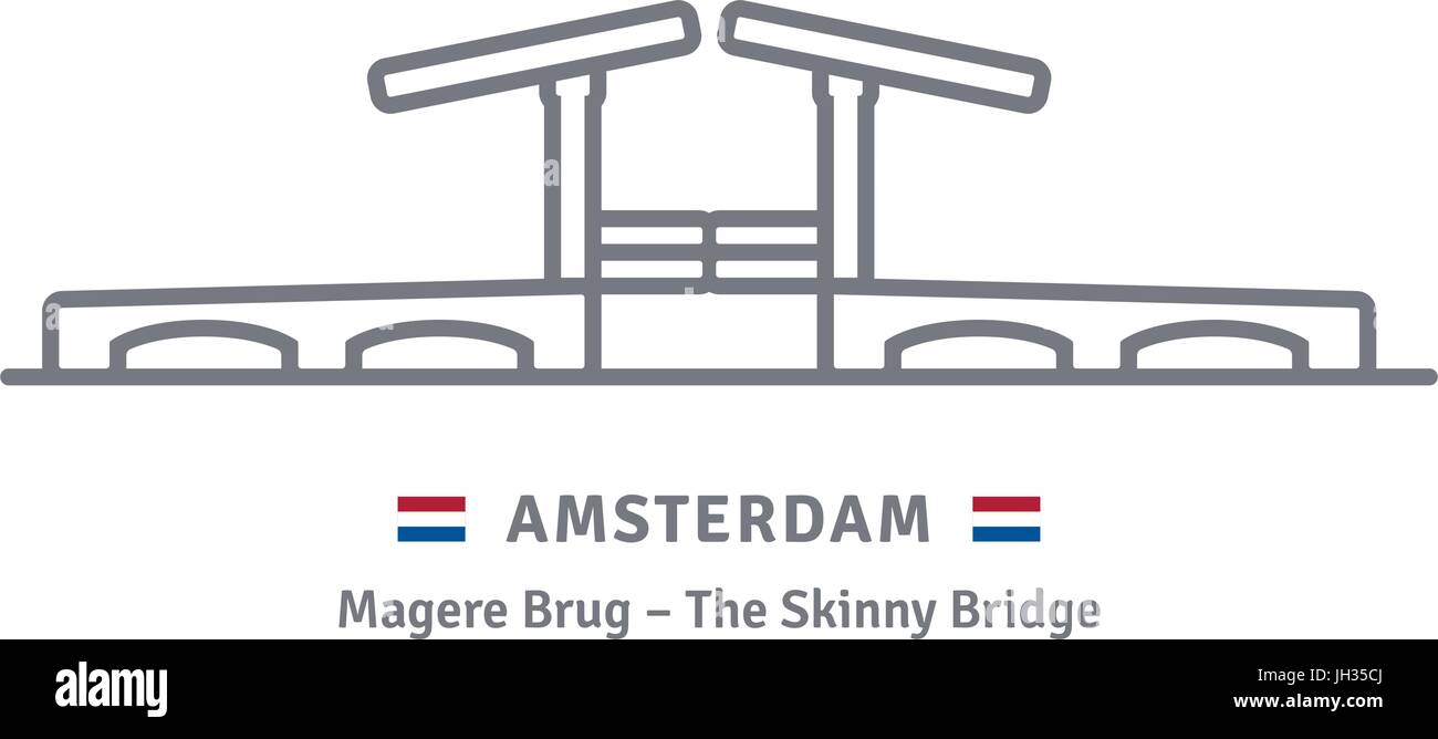 L'icône de la ligne d'Amsterdam. Pont maigre et d'un drapeau vector illustration. Illustration de Vecteur