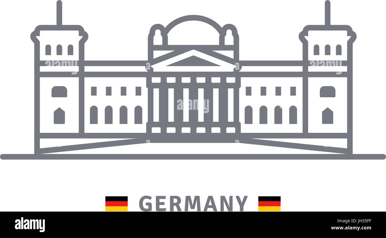 L'icône de la ligne de l'Allemagne. Le bâtiment du Reichstag et drapeau allemand vector illustration. Illustration de Vecteur