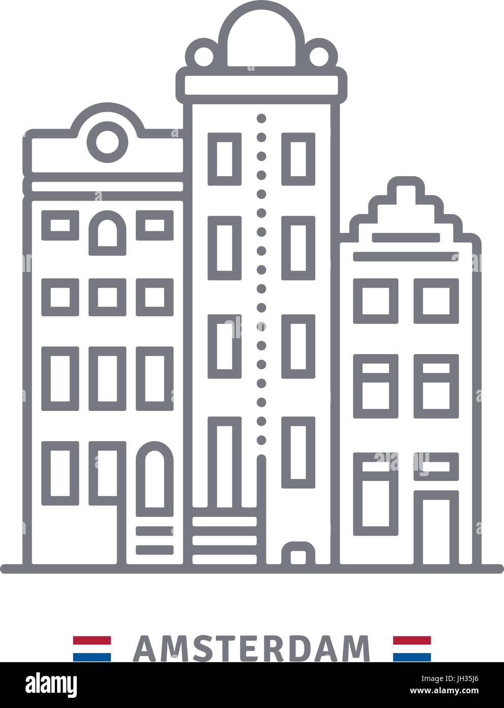 L'icône de la ligne d'Amsterdam. Maisons et du drapeau néerlandais vector illustration. Illustration de Vecteur
