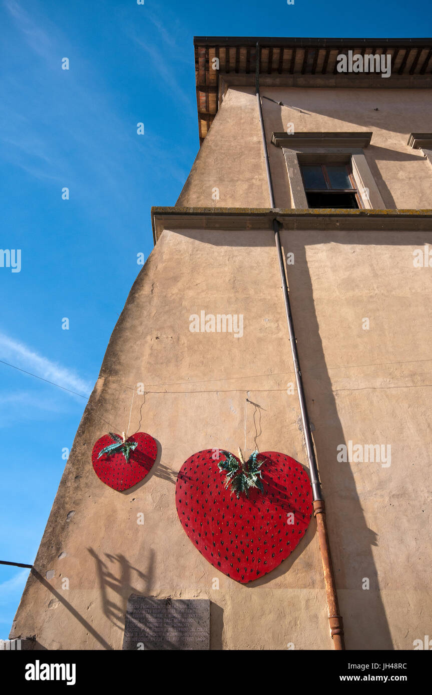 La reproduction en bois de fraises sur le mur du Palazzo Ruspoli, village de Nemi, lazio, Italie Banque D'Images