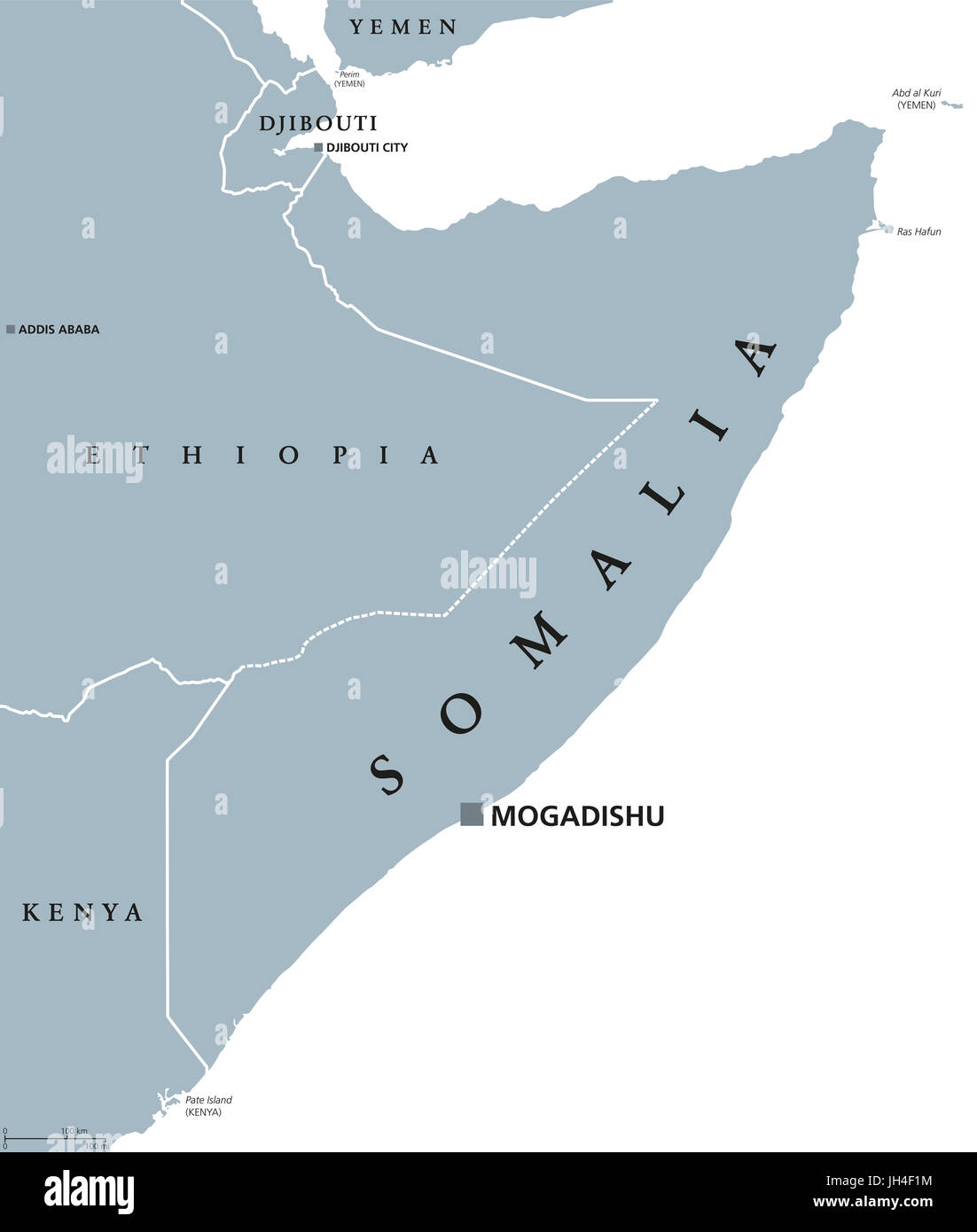 Carte politique de la Somalie avec capitale Mogadiscio. République fédérale et les pays de la Corne de l'Afrique. Littoral le long du golfe d'Aden et l'Océan Indien. Banque D'Images
