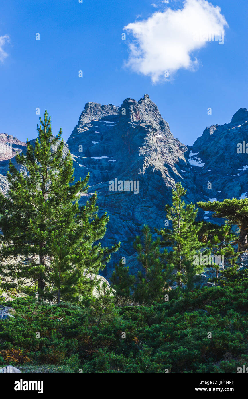 À la recherche du GR20 Chemin de montagne en Corse à une partie de la montagne de Monte Cinto. Prises d'Ascu Stagnu juste à l'extérieur. Ciel bleu, avec le cloud Banque D'Images