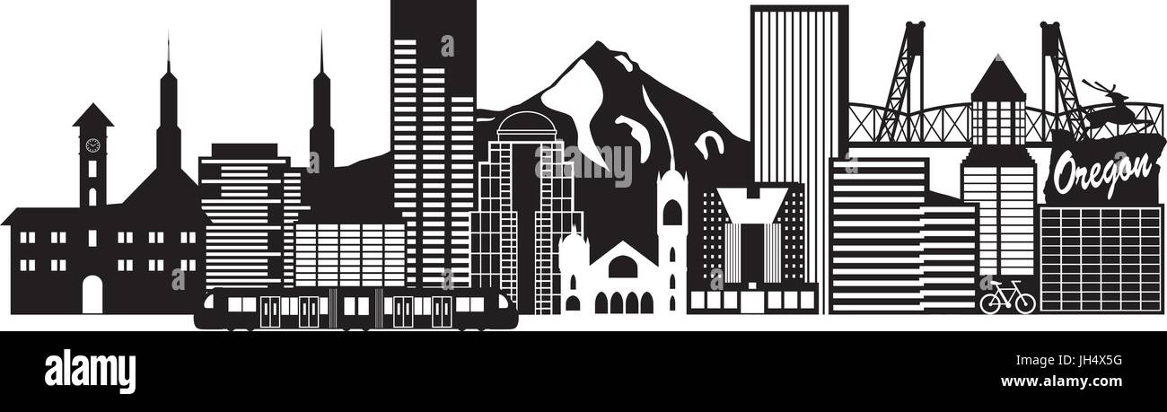 Portland Oregon Contours Silhouette aux toits de la ville le centre-ville et de transport noir Panorama illustration isolé sur fond blanc Illustration de Vecteur