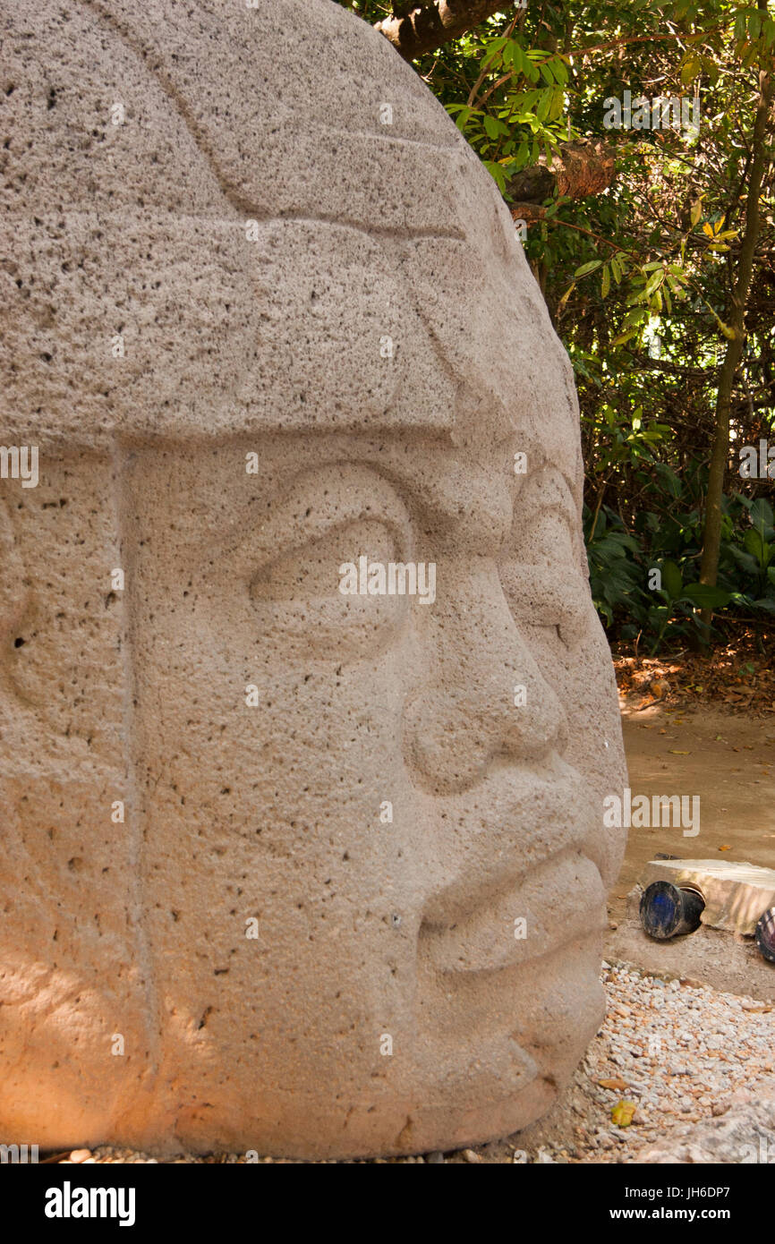 Olmec en pierre sculptant Colossal Head dans le parc de la Venta, Villahermosa, Tabasco, Mexique Banque D'Images