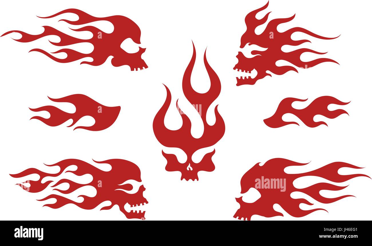 Silhouettes rouge flamboyant de crânes, lent, ancienne école fire logos, illustration vectorielles Illustration de Vecteur