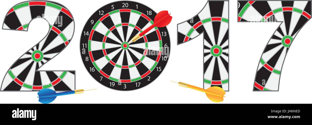 Bonne année 2017 avec un jeu de fléchettes fléchettes sur frapper Chiffres Bullseye cible contours illustration isolé sur fond blanc Illustration de Vecteur