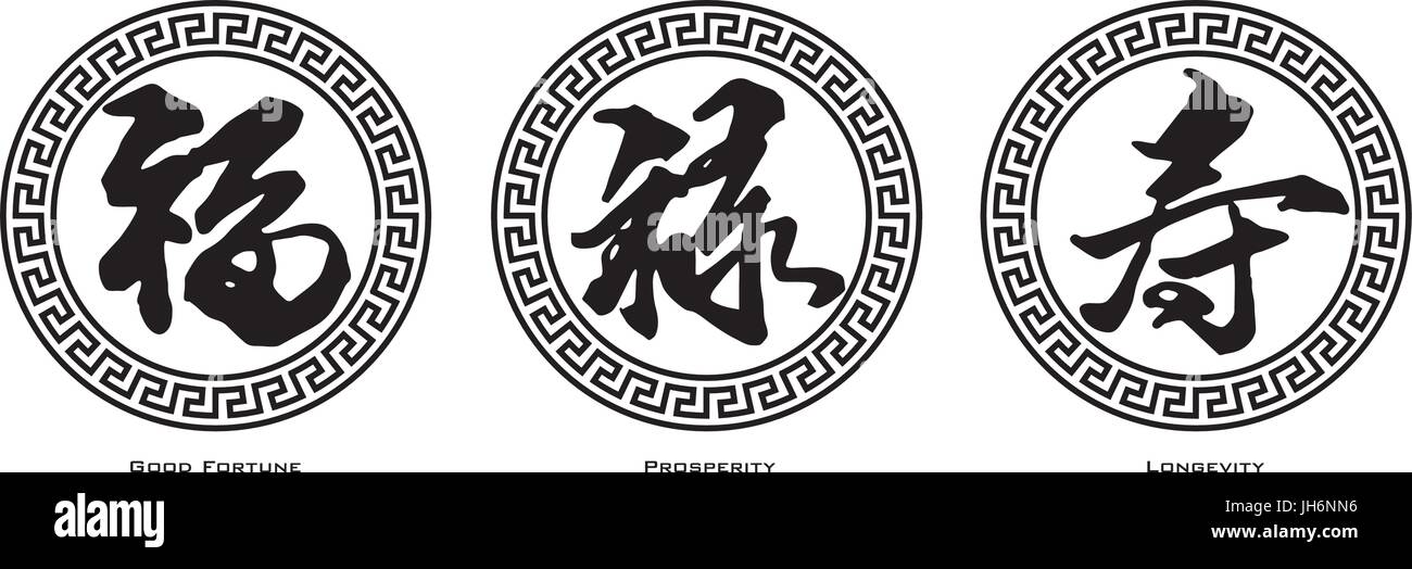 Encre de calligraphie Symbole chinois en cercle à la frontière avec le texte de la bonne fortune de la prospérité et de la longévité Illustration de Vecteur