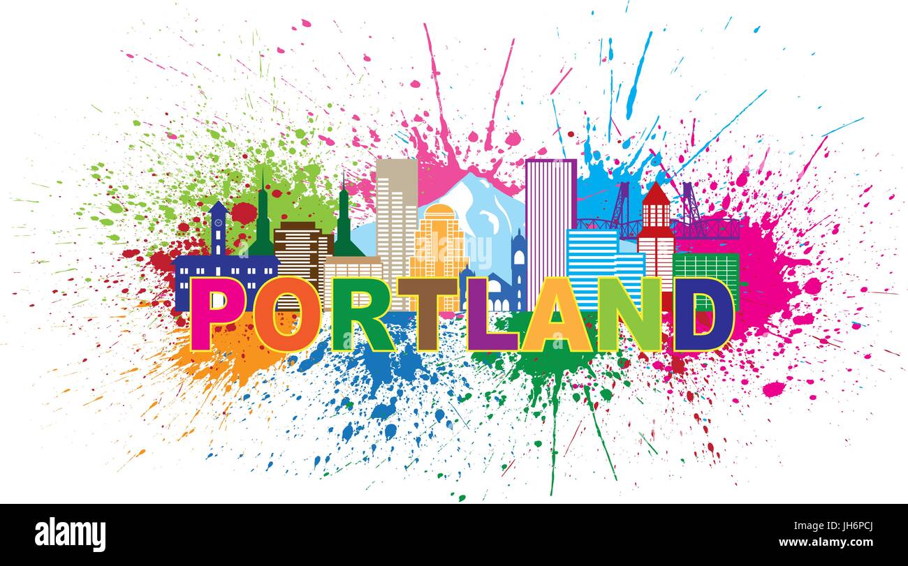 Portland Oregon Contours Silhouette with City Skyline Panorama du Centre-ville Texte couleur Splatter Peinture illustration isolé sur fond blanc Illustration de Vecteur
