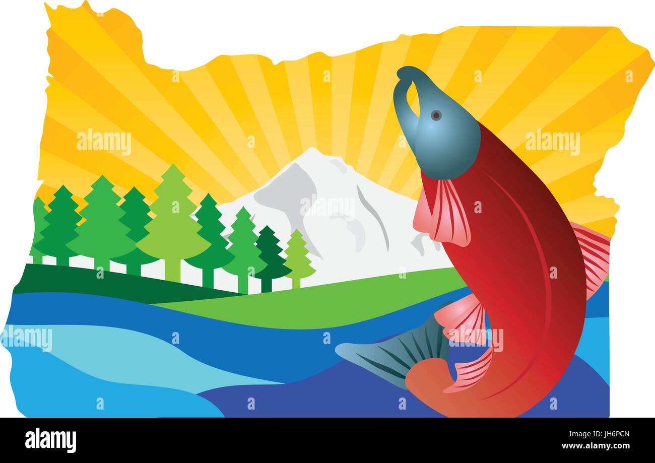 État de l'Oregon paysage pittoresque avec Mount Hood Sapins de Douglas le saumon coho dans Map illustration couleur de contour Illustration de Vecteur