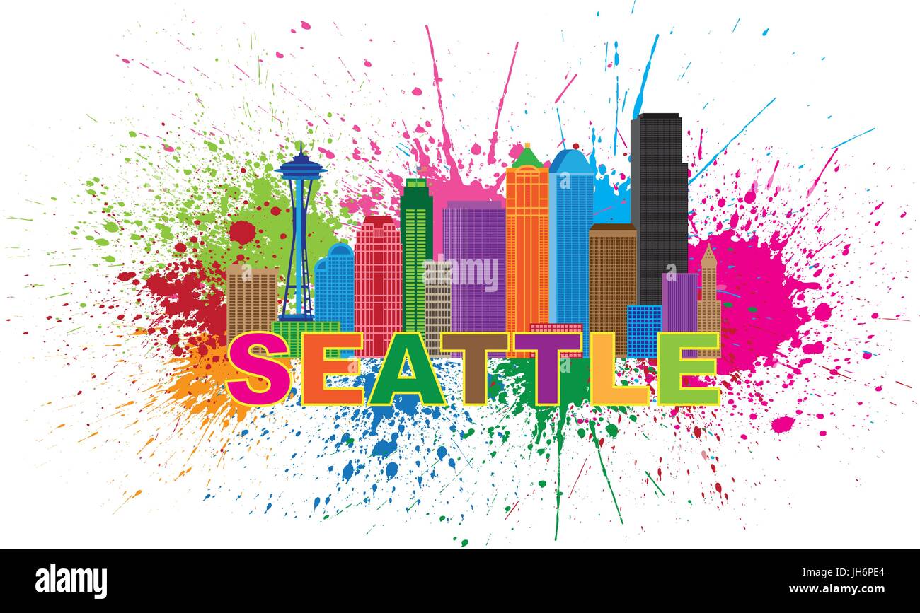 Washington Downtown Seattle City Skyline Texte couleur Peinture Splatter Abstract illustration isolé sur fond blanc Illustration de Vecteur