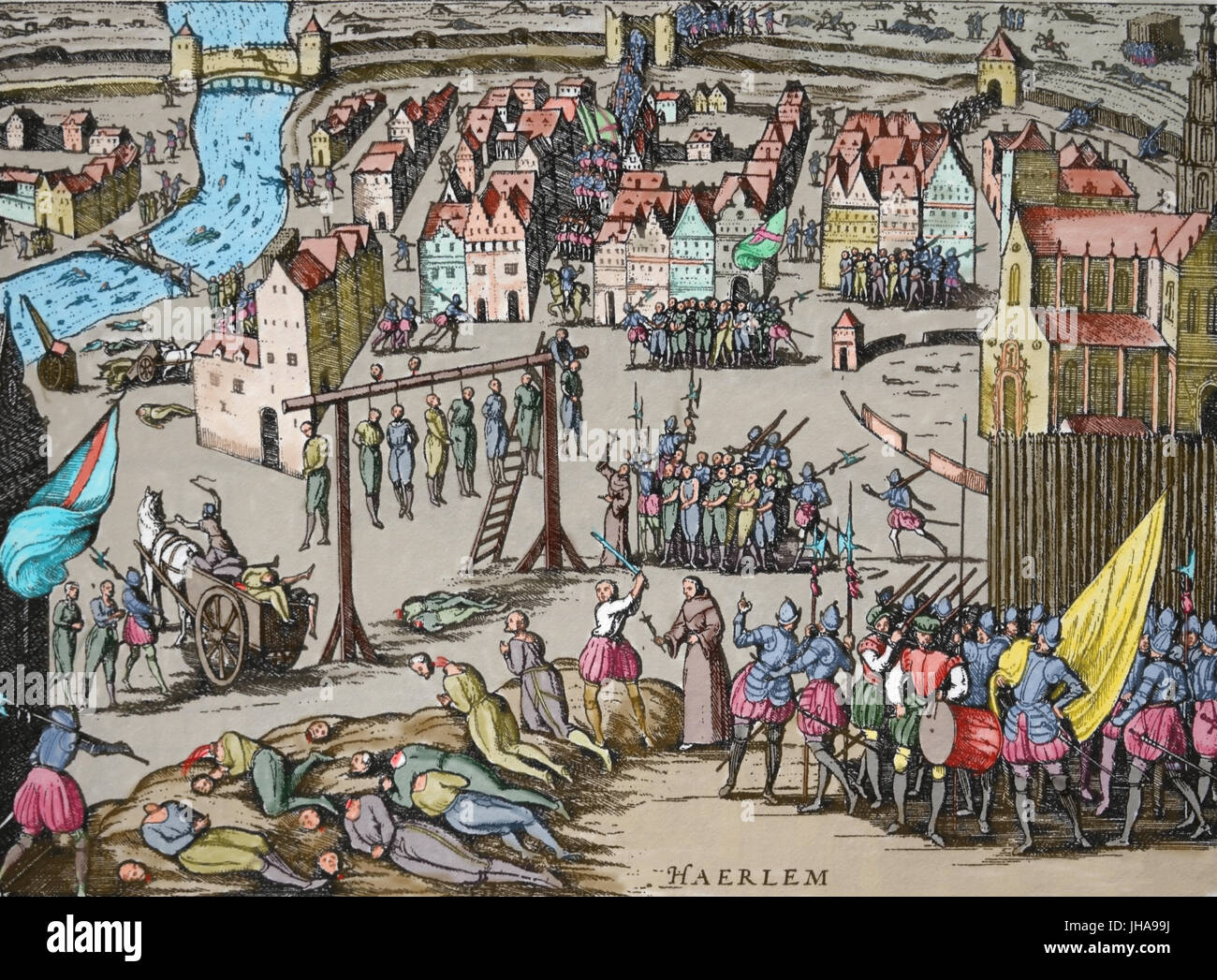 Les pendaisons de masse et décapitations d'armée espagnole du duc de Alba. Siège de Haarlem, 1573. Aux Pays-Bas. La gravure, la couleur. Banque D'Images