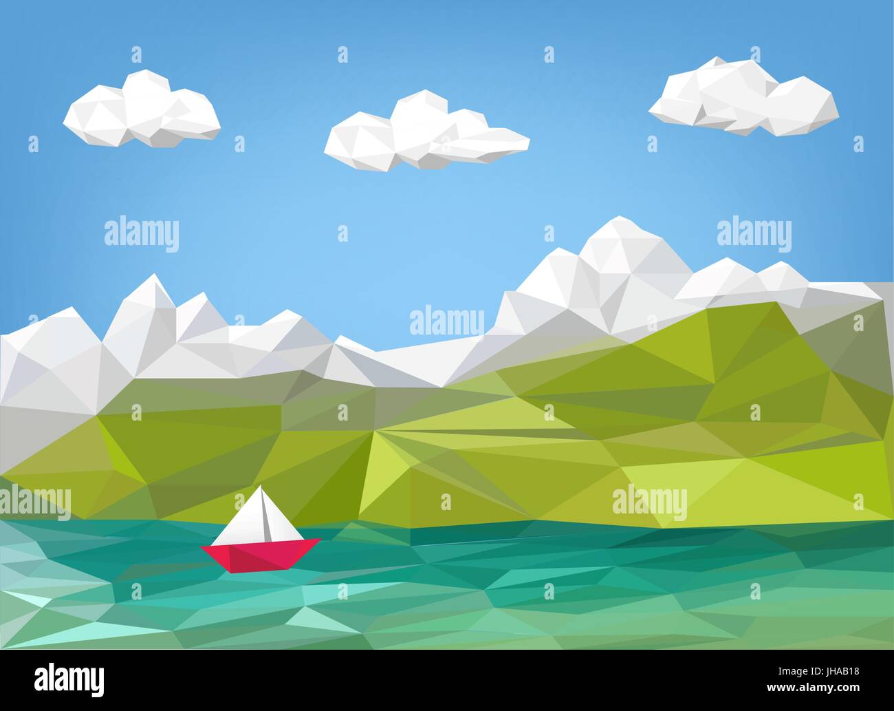 Illustration du paysage - montagne, lac et bateau à voile low poly graphique - Locations de contexte Illustration de Vecteur